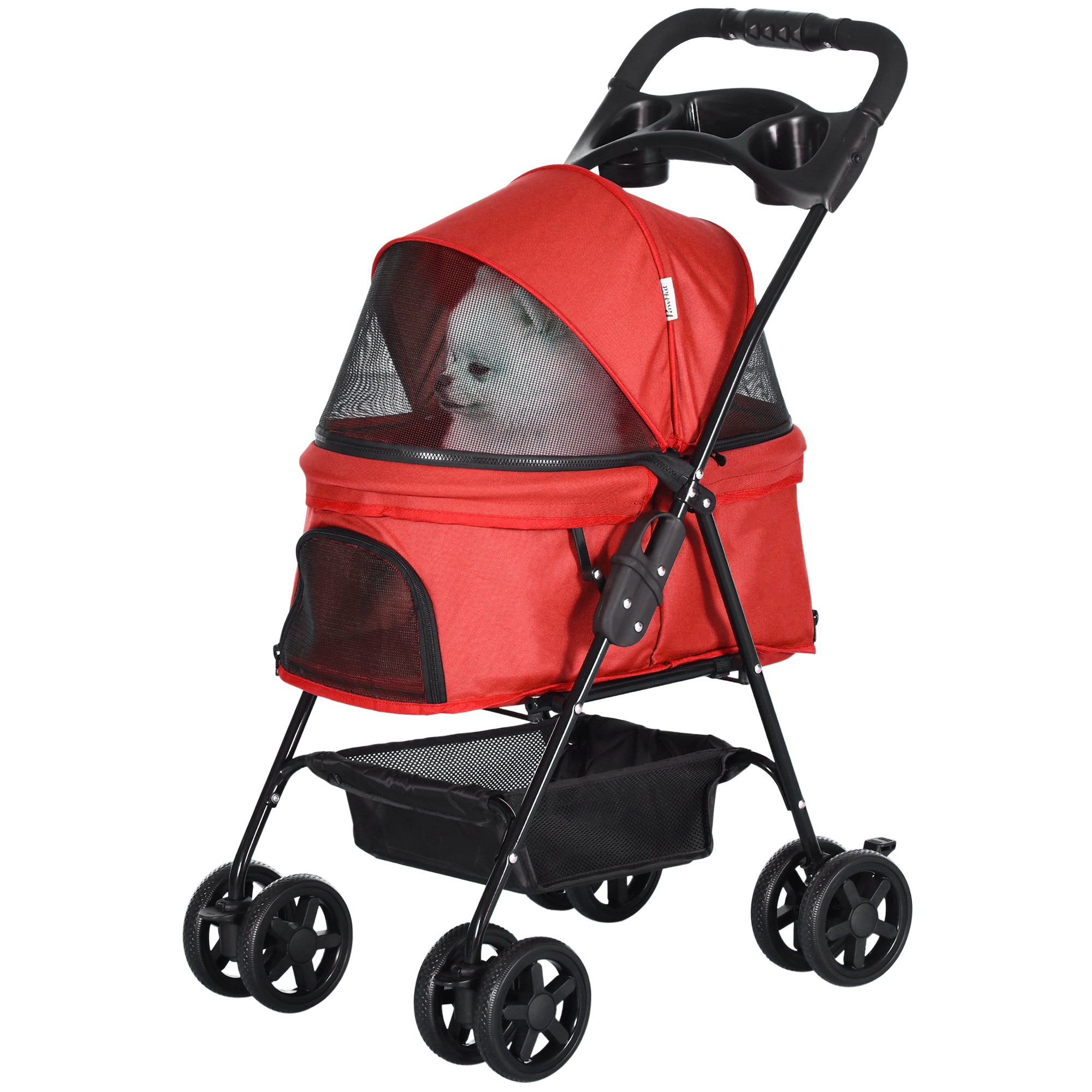 PawHut Dog Pram Dog Stroller Foldable Pet Pushchair with 4 Wheels, Safety Leashes, Cup Holder for Small Dogs, Red