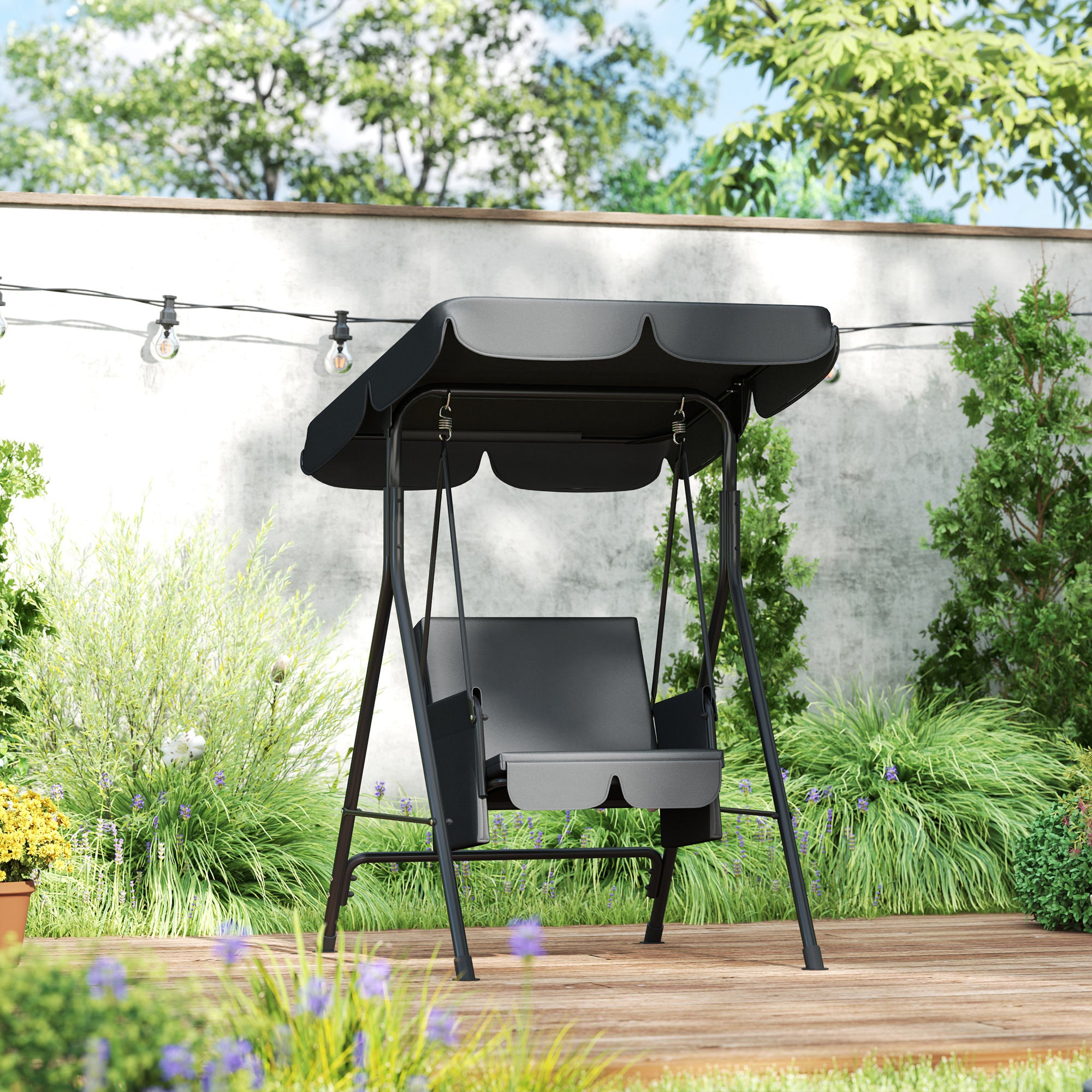 Outsunny 1-Seat Patio Swing Chair, Outdoor Porch Swing Glider with Adjustable Canopy, Cushions and Weather Resistant Steel Frame for Garden, Poolside, Black