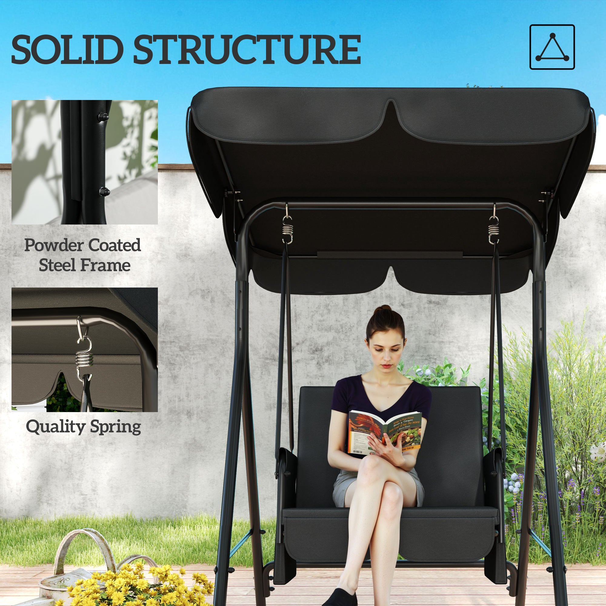 Outsunny 1-Seat Patio Swing Chair, Outdoor Porch Swing Glider with Adjustable Canopy, Cushions and Weather Resistant Steel Frame for Garden, Poolside, Black