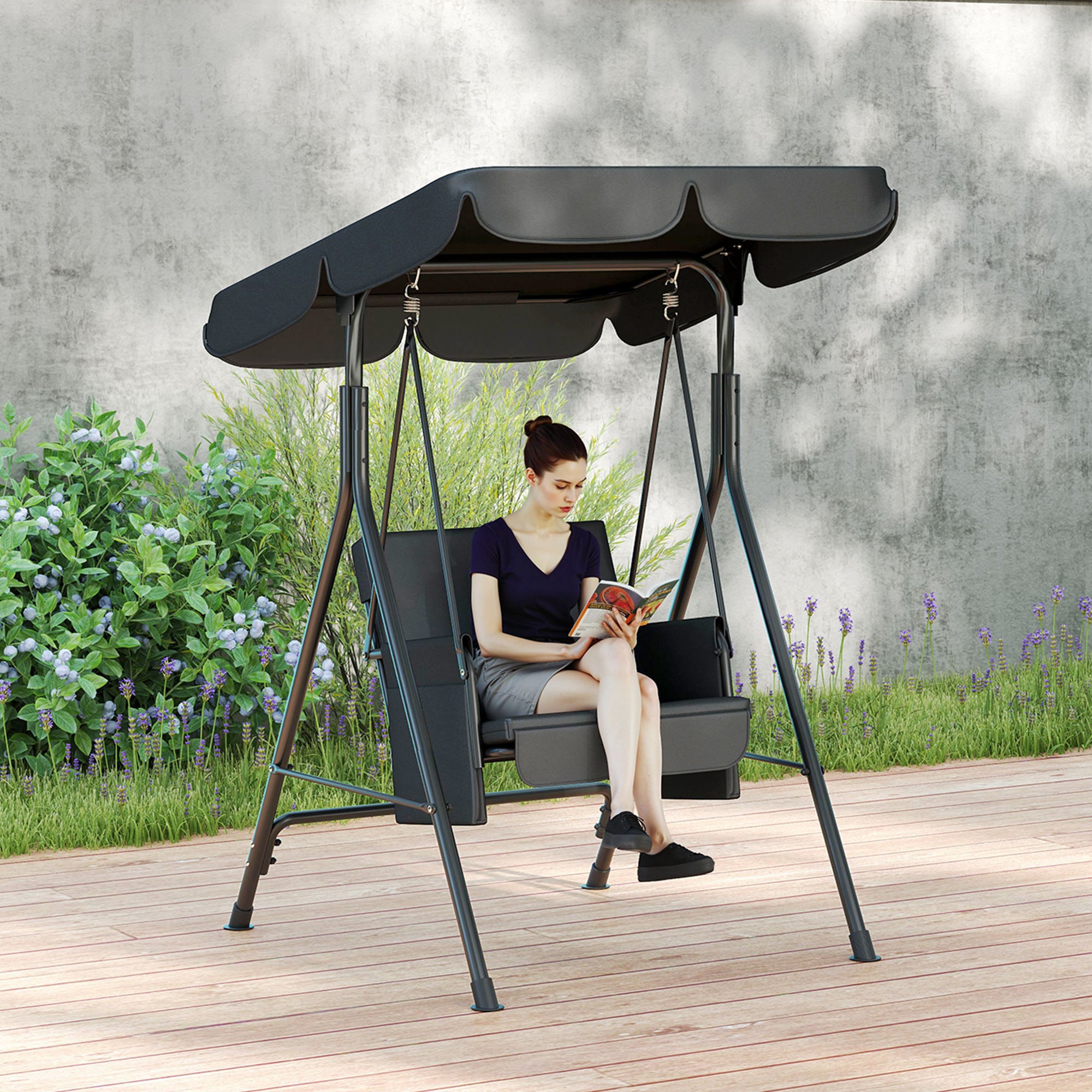 Outsunny 1-Seat Patio Swing Chair, Outdoor Porch Swing Glider with Adjustable Canopy, Cushions and Weather Resistant Steel Frame for Garden, Poolside, Black