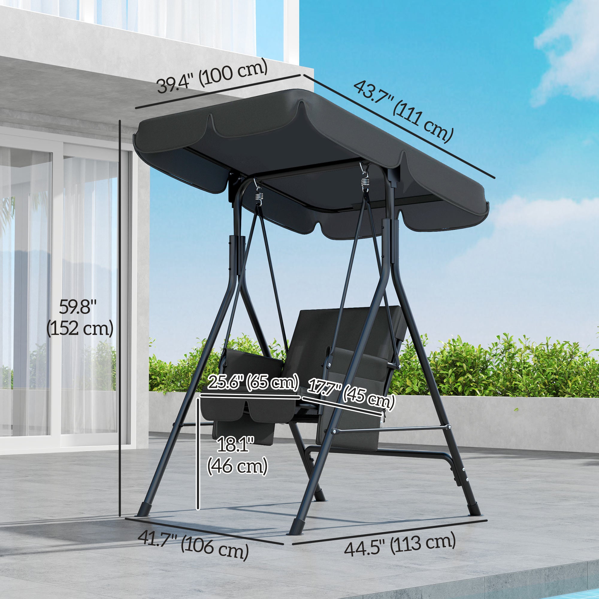 Outsunny 1-Seat Patio Swing Chair, Outdoor Porch Swing Glider with Adjustable Canopy, Cushions and Weather Resistant Steel Frame for Garden, Poolside, Black