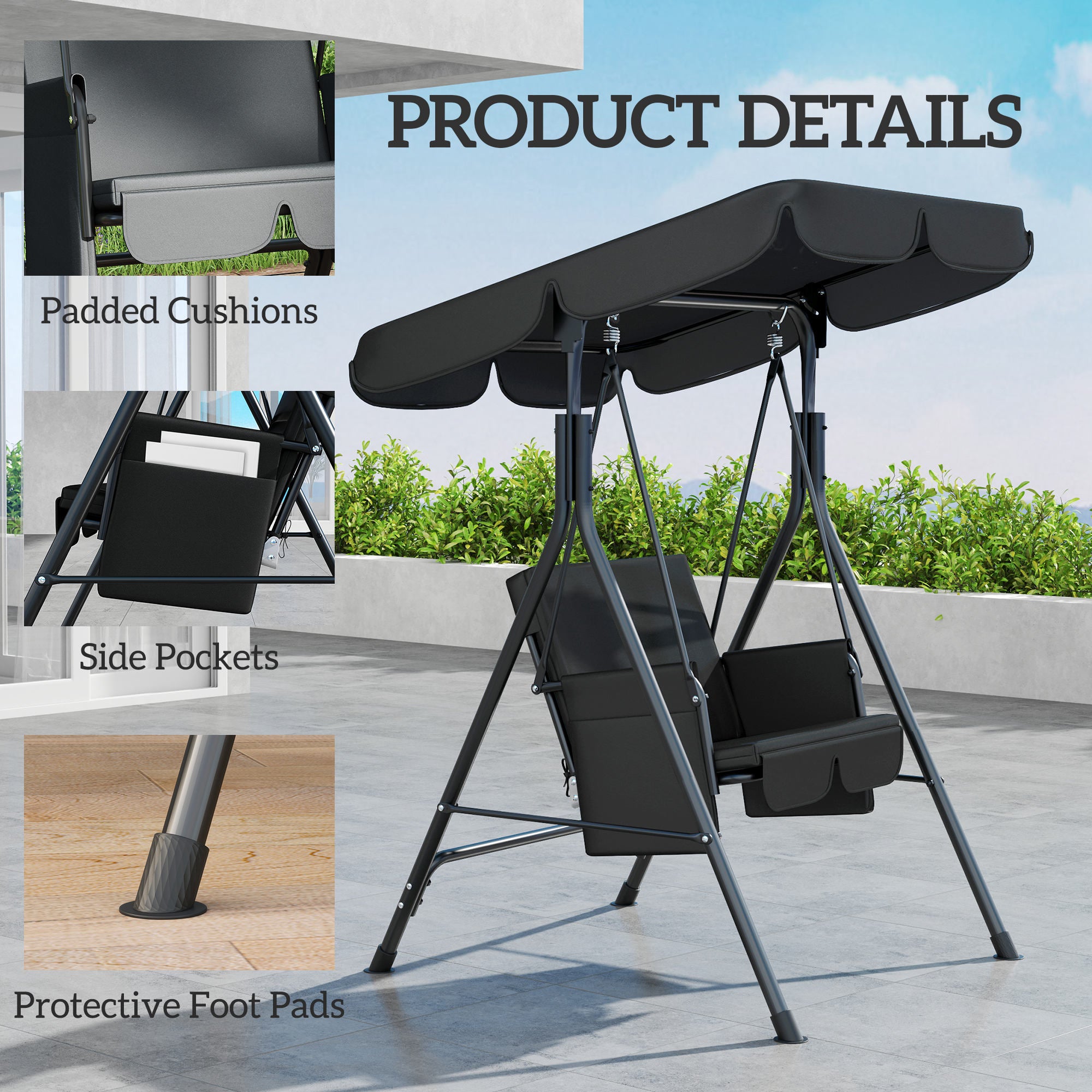 Outsunny 1-Seat Patio Swing Chair, Outdoor Porch Swing Glider with Adjustable Canopy, Cushions and Weather Resistant Steel Frame for Garden, Poolside, Black