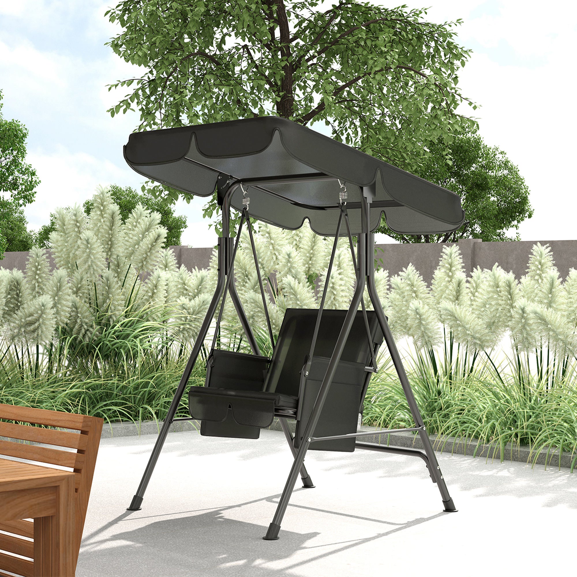 Outsunny 1-Seat Patio Swing Chair, Outdoor Porch Swing Glider with Adjustable Canopy, Cushions and Weather Resistant Steel Frame for Garden, Poolside, Black