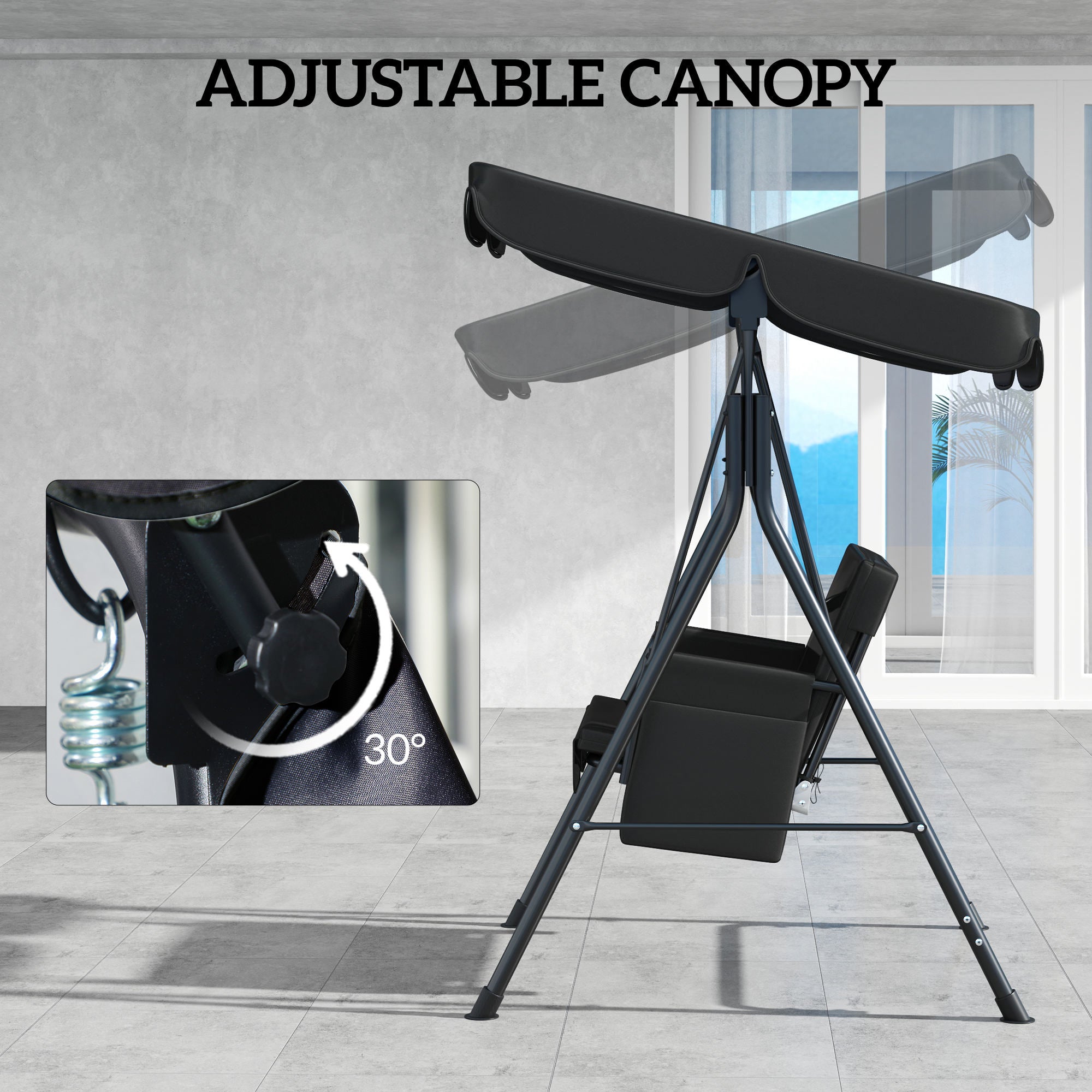 Outsunny 1-Seat Patio Swing Chair, Outdoor Porch Swing Glider with Adjustable Canopy, Cushions and Weather Resistant Steel Frame for Garden, Poolside, Black