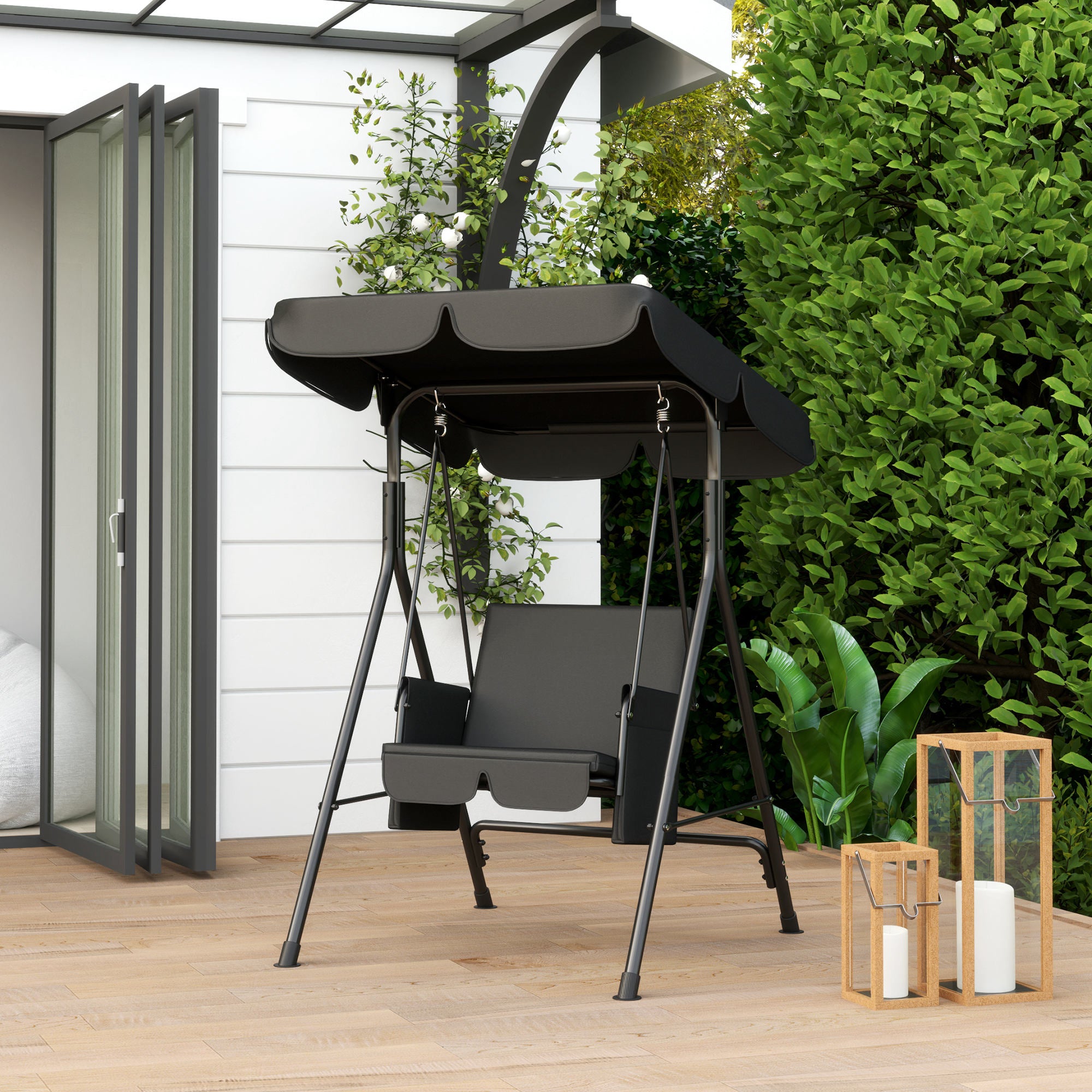 Outsunny 1-Seat Patio Swing Chair, Outdoor Porch Swing Glider with Adjustable Canopy, Cushions and Weather Resistant Steel Frame for Garden, Poolside, Black