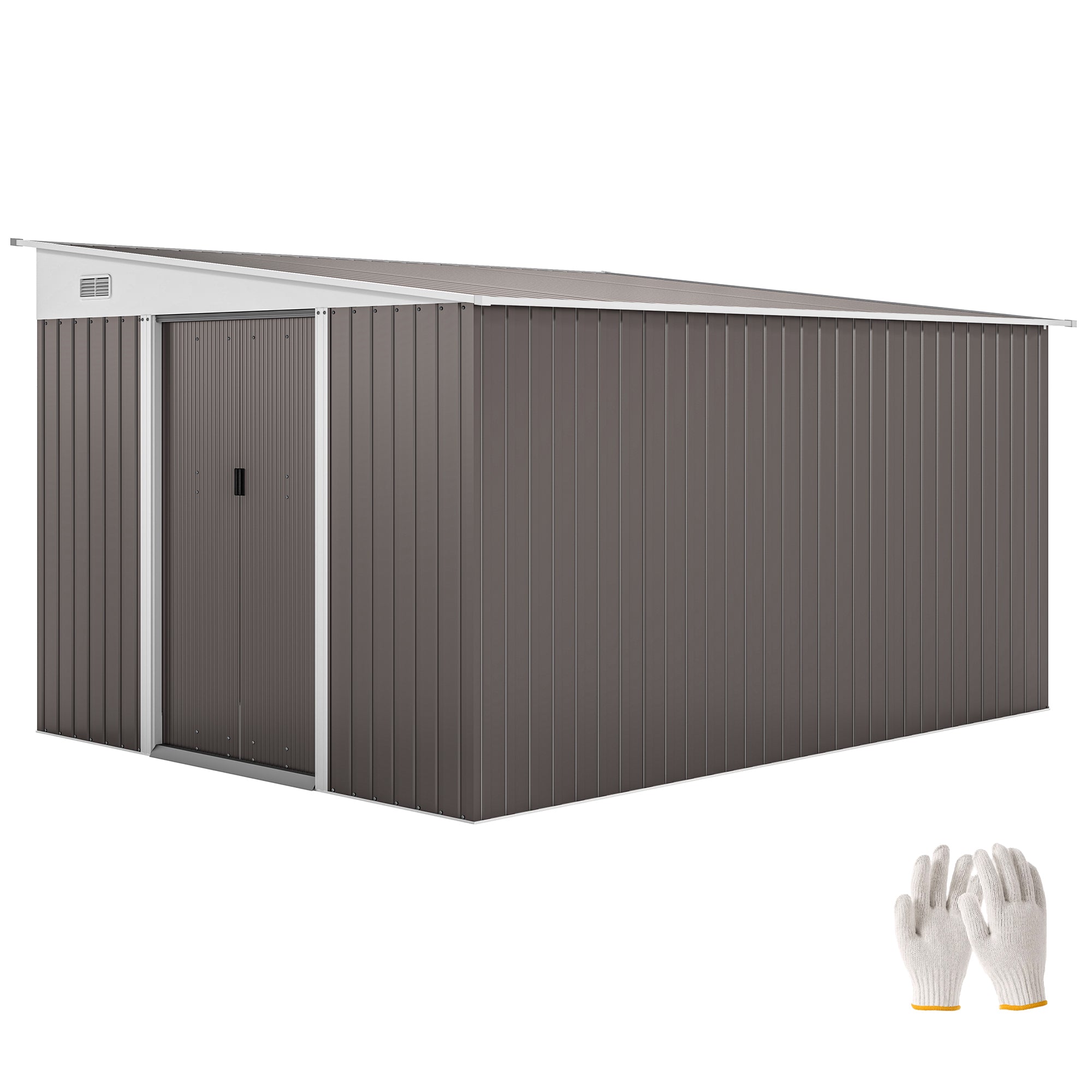 Outsunny 11' x 9' Steel Garden Storage Shed, Outdoor Metal Tool House with Double Sliding Doors & 2 Air Vents, Grey