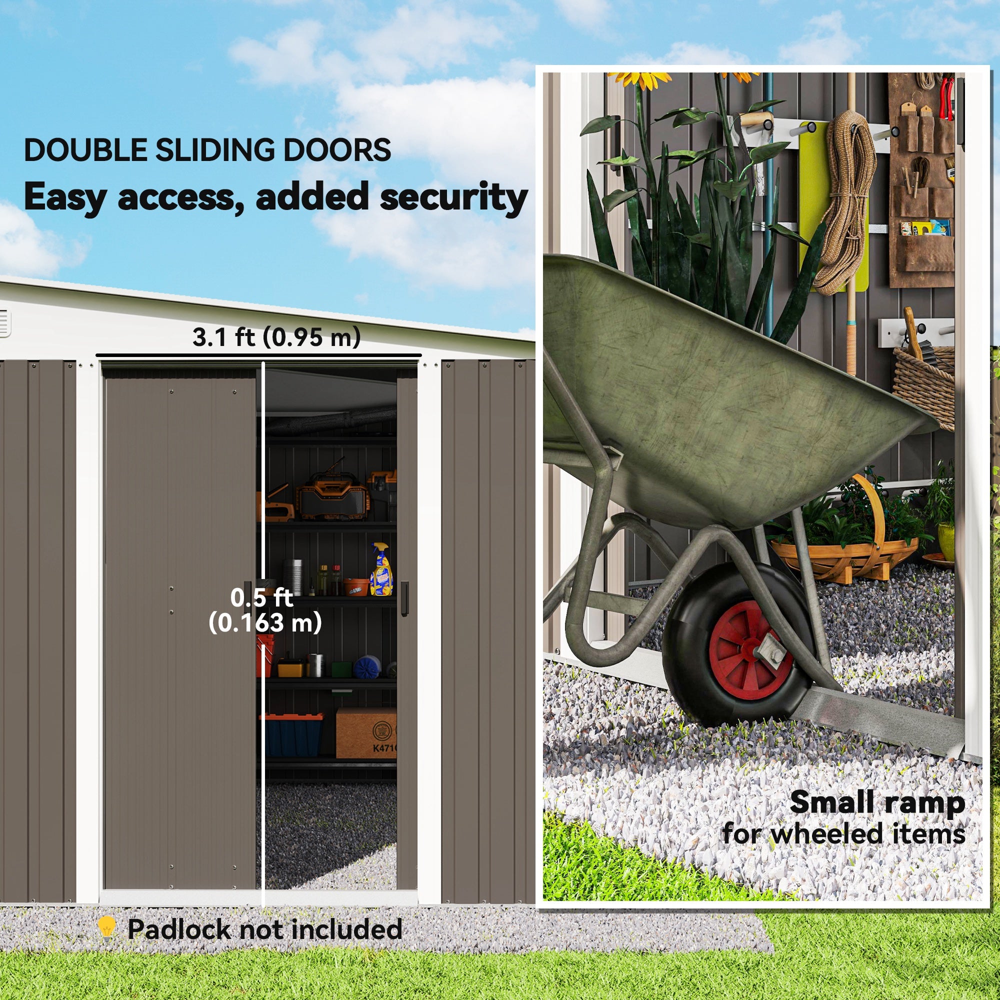 Outsunny 11' x 9' Steel Garden Storage Shed, Outdoor Metal Tool House with Double Sliding Doors & 2 Air Vents, Grey