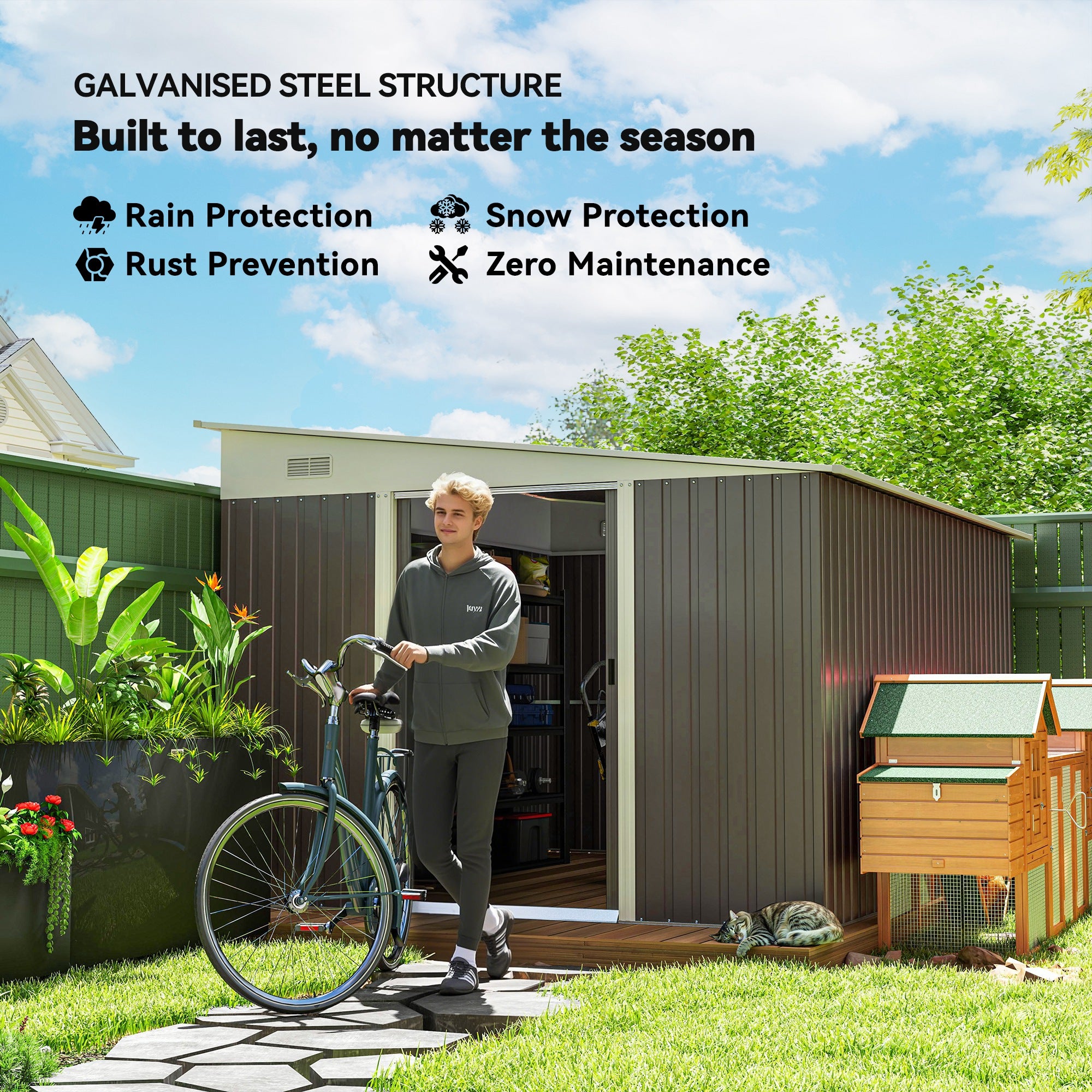 Outsunny 11' x 9' Steel Garden Storage Shed, Outdoor Metal Tool House with Double Sliding Doors & 2 Air Vents, Grey