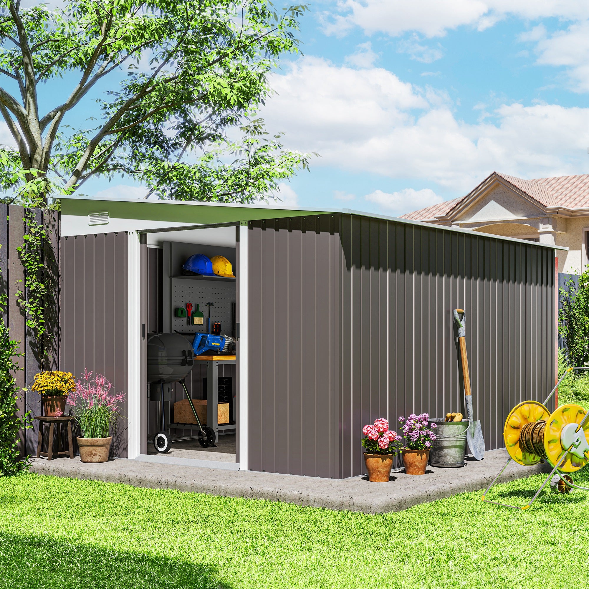 Outsunny 11' x 9' Steel Garden Storage Shed, Outdoor Metal Tool House with Double Sliding Doors & 2 Air Vents, Grey
