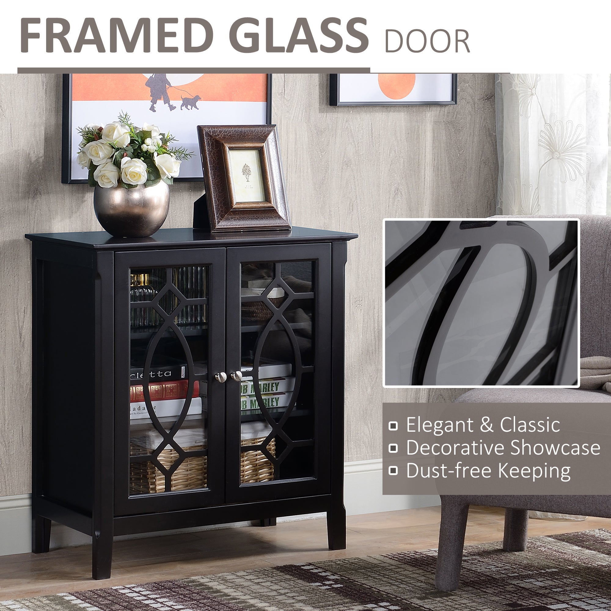 HOMCOM Sideboard Display Cabinet with Double Framed Glass Doors, 2 Adjustable Shelves, and Elevated Base, Espresso