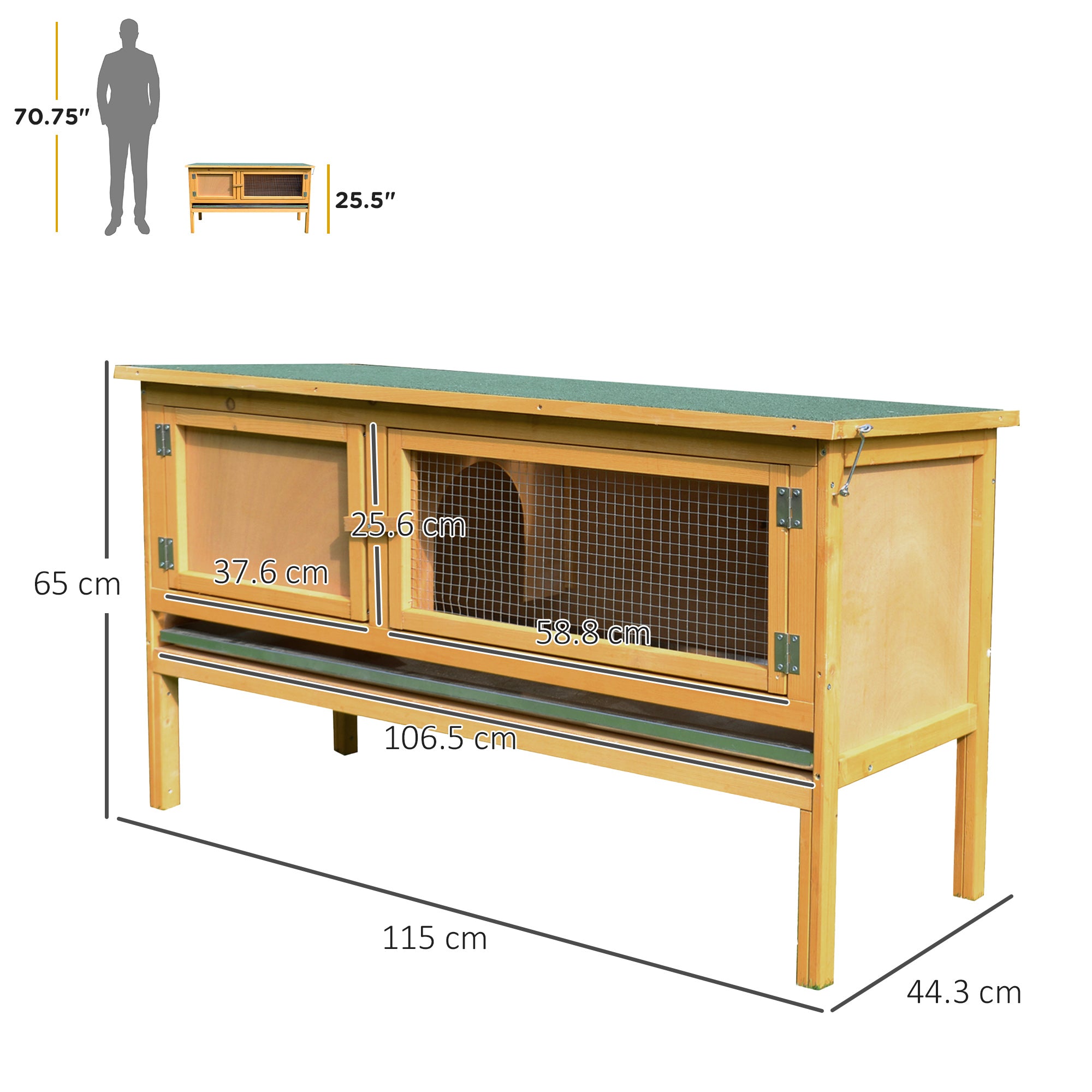 PawHut Wooden Rabbit Hutch Guinea Pigs House Outdoor Small Animal Bunny Cage w/ Hinged Top Slide out Tray 115 x 44.3 x 65 cm