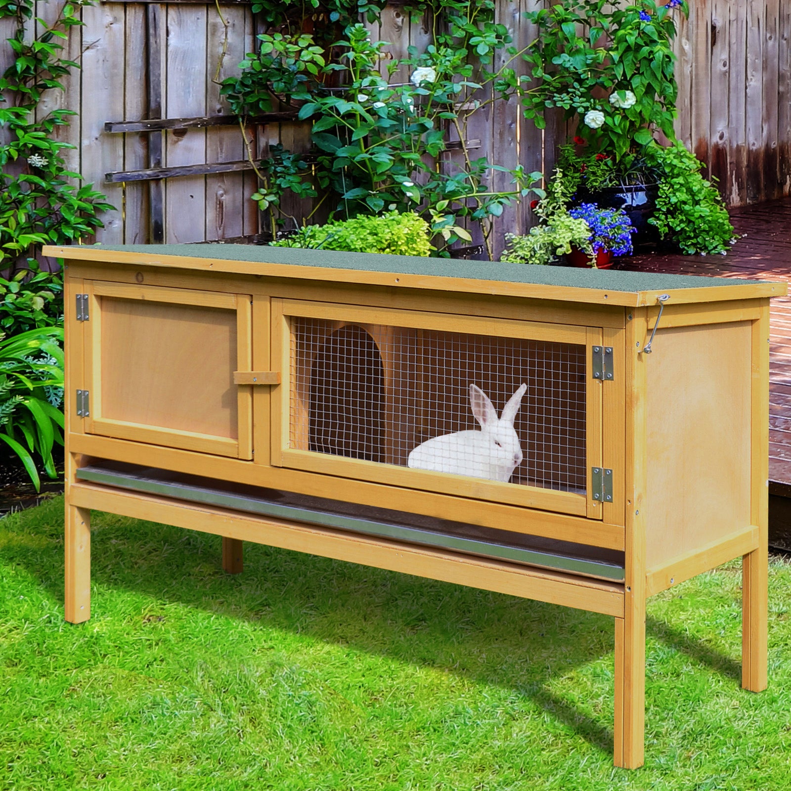 PawHut Wooden Rabbit Hutch Guinea Pigs House Outdoor Small Animal Bunny Cage w/ Hinged Top Slide out Tray 115 x 44.3 x 65 cm