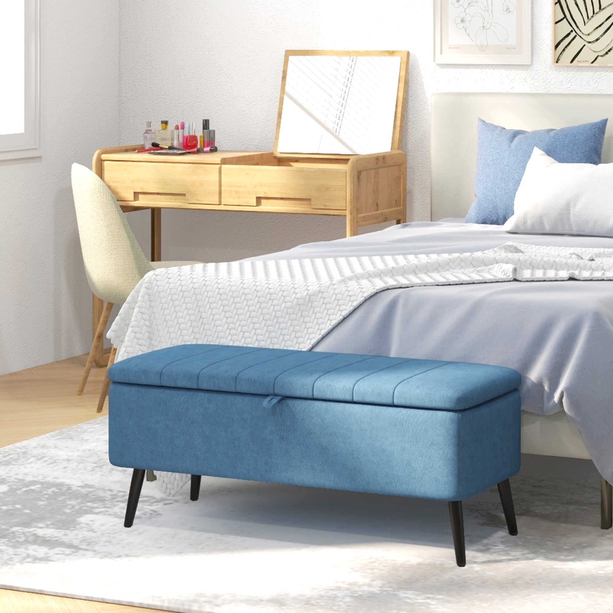 HOMCOM Storage Ottoman with Flip Top, Rectangular Upholstered Bench, Linen Fabric Footstool with Steel Legs for Living Room, Bedroom, Dark Blue