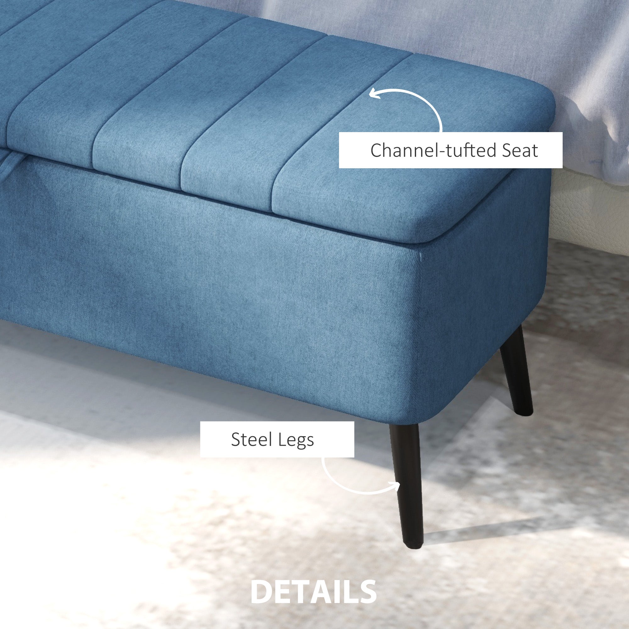 HOMCOM Storage Ottoman with Flip Top, Rectangular Upholstered Bench, Linen Fabric Footstool with Steel Legs for Living Room, Bedroom, Dark Blue