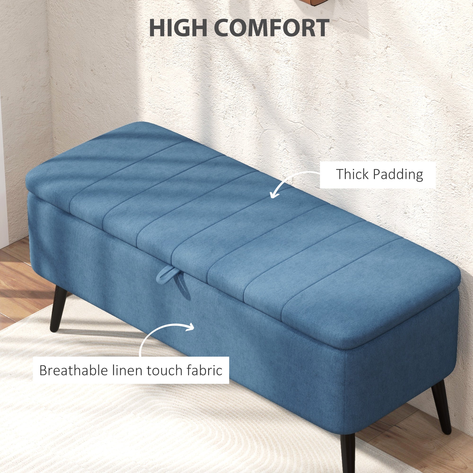 HOMCOM Storage Ottoman with Flip Top, Rectangular Upholstered Bench, Linen Fabric Footstool with Steel Legs for Living Room, Bedroom, Dark Blue