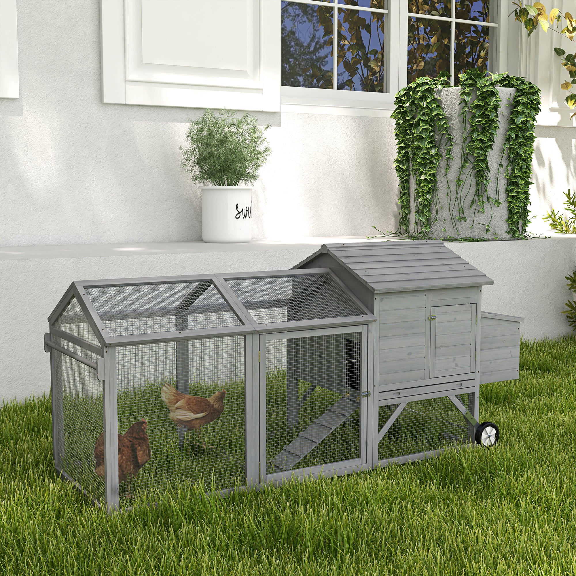PawHut 96.5" Chicken Coop Wooden Hen House Poultry Cage Pen Portable with Wheels and Nesting Box, Chicken Cage for Backyard Outdoor, Gray