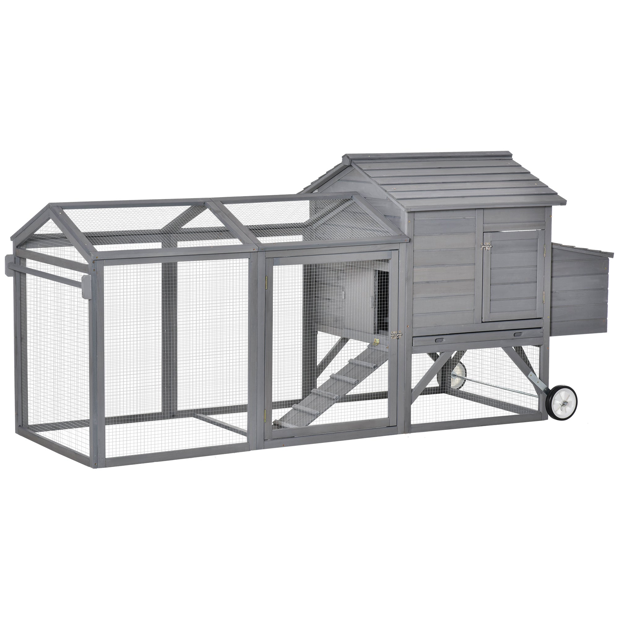 PawHut 96.5" Chicken Coop Wooden Hen House Poultry Cage Pen Portable with Wheels and Nesting Box, Chicken Cage for Backyard Outdoor, Gray