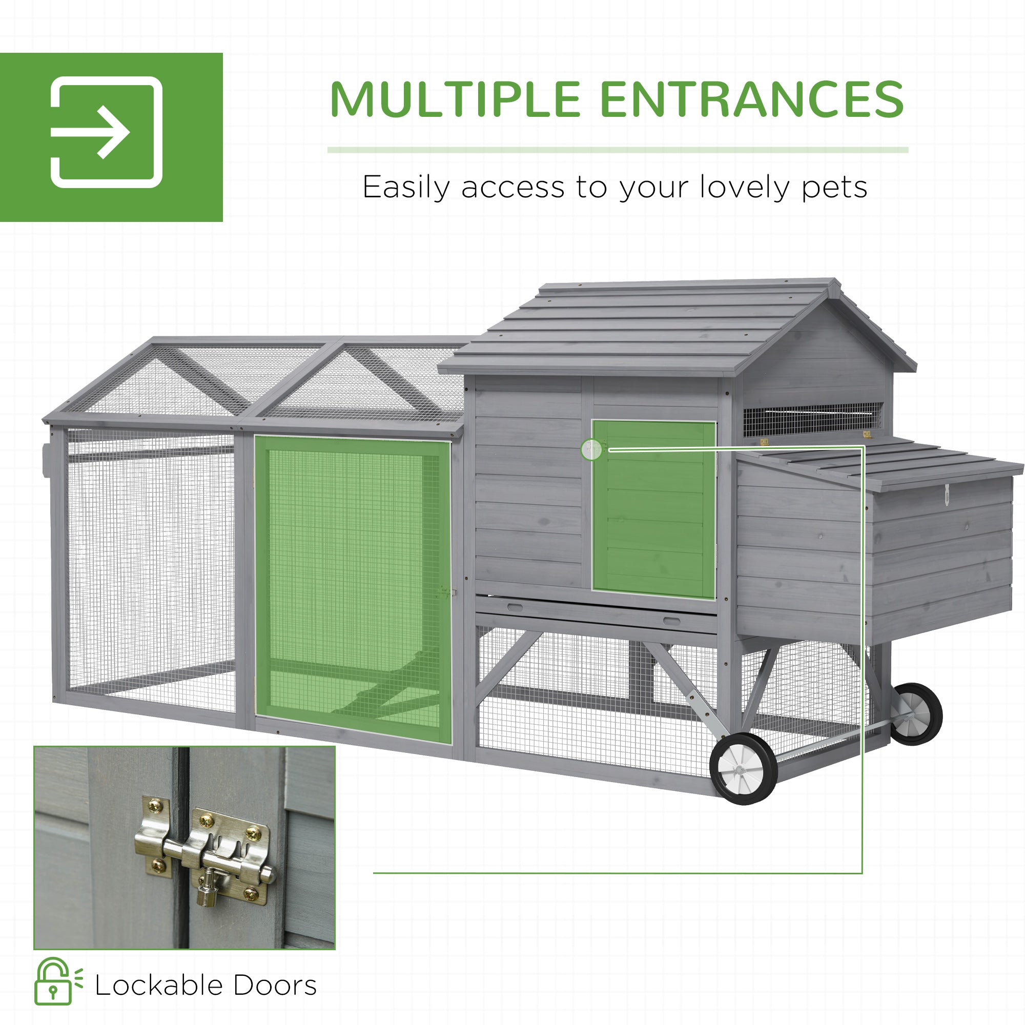 PawHut 96.5" Chicken Coop Wooden Hen House Poultry Cage Pen Portable with Wheels and Nesting Box, Chicken Cage for Backyard Outdoor, Gray