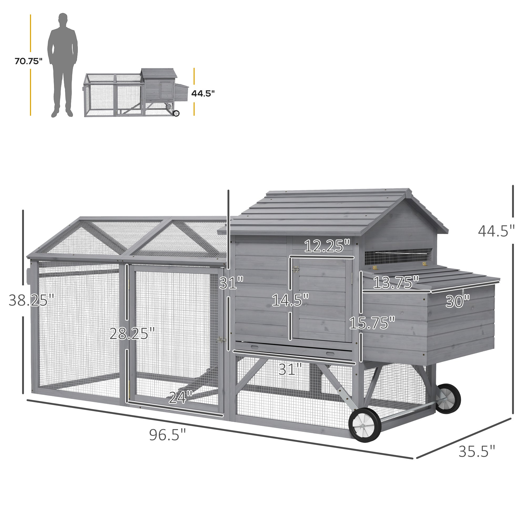 PawHut 96.5" Chicken Coop Wooden Hen House Poultry Cage Pen Portable with Wheels and Nesting Box, Chicken Cage for Backyard Outdoor, Gray
