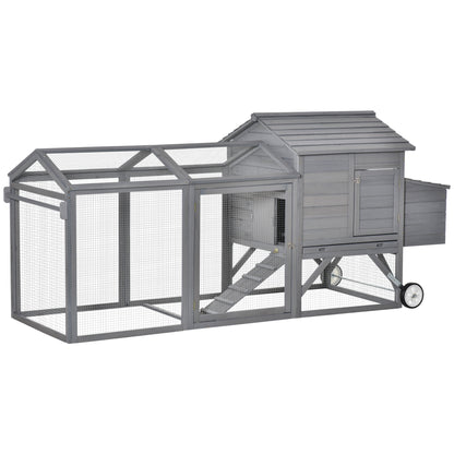 PawHut 96.5" Chicken Coop Wooden Hen House Poultry Cage Pen Portable with Wheels and Nesting Box, Chicken Cage for Backyard Outdoor, Gray