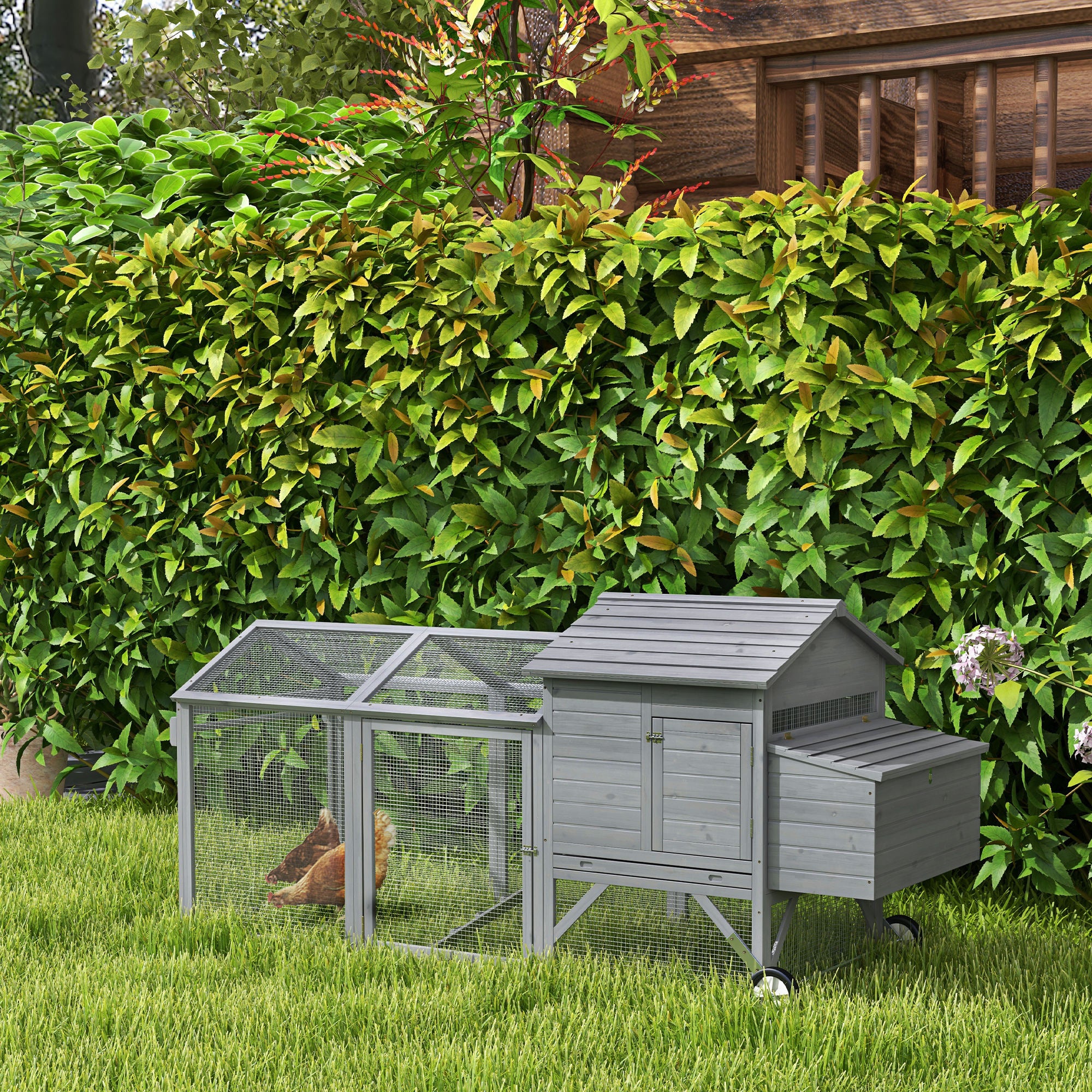 PawHut 96.5" Chicken Coop Wooden Hen House Poultry Cage Pen Portable with Wheels and Nesting Box, Chicken Cage for Backyard Outdoor, Gray