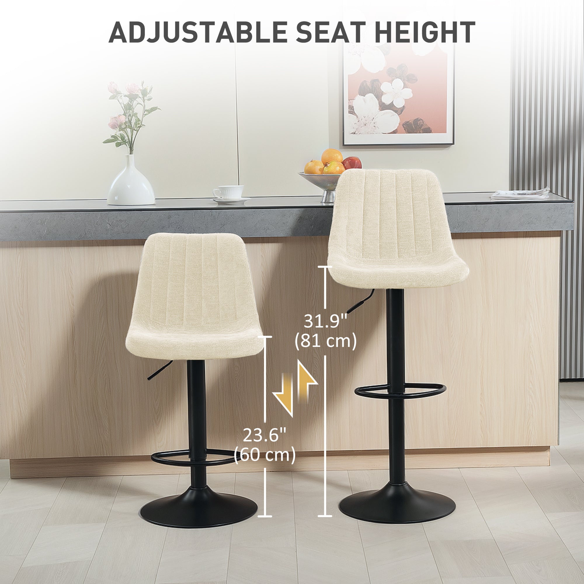 HOMCOM Adjustable Bar Stools Set of 2, Swivel Counter Height Barstools with Back, Footrest, Upholstered Chenille Bar Chairs for Kitchen Island Counter Dining Room, Beige