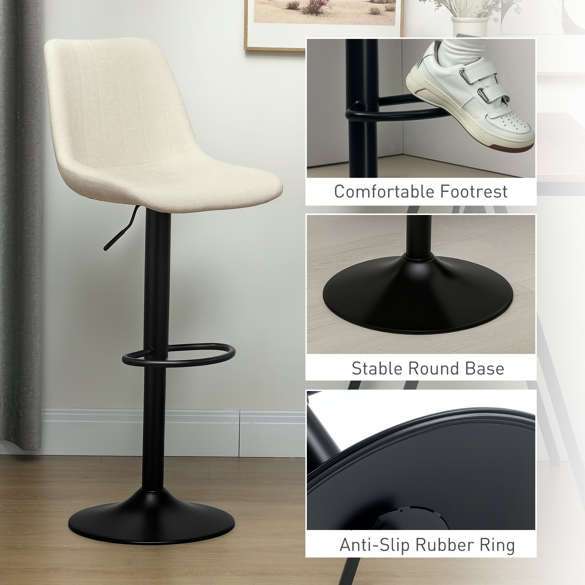 HOMCOM Adjustable Bar Stools Set of 2, Swivel Counter Height Barstools with Back, Footrest, Upholstered Chenille Bar Chairs for Kitchen Island Counter Dining Room, Beige