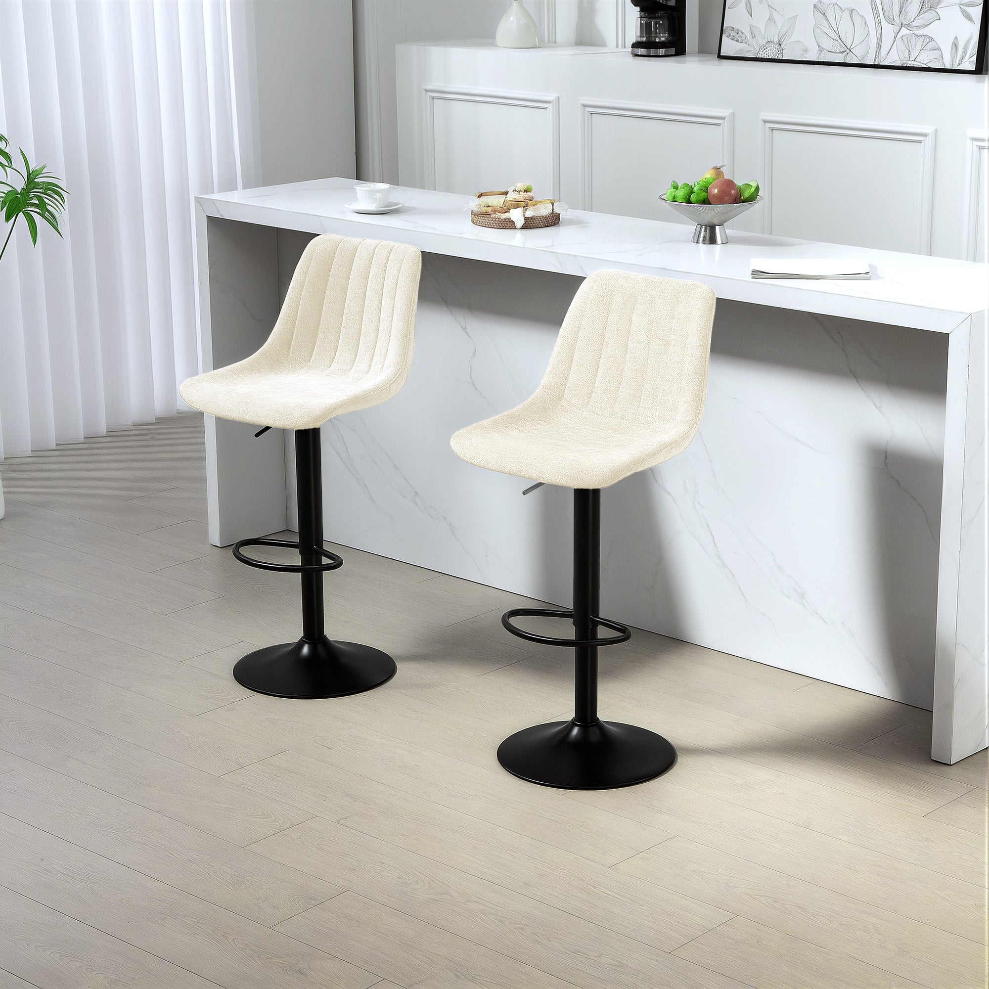 HOMCOM Adjustable Bar Stools Set of 2, Swivel Counter Height Barstools with Back, Footrest, Upholstered Chenille Bar Chairs for Kitchen Island Counter Dining Room, Beige