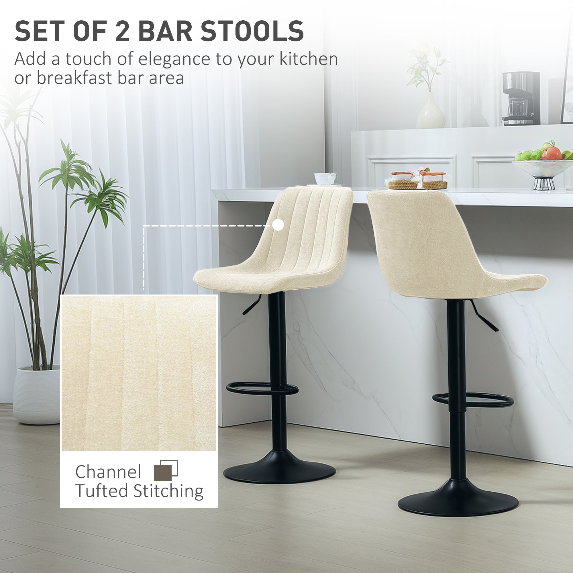 HOMCOM Adjustable Bar Stools Set of 2, Swivel Counter Height Barstools with Back, Footrest, Upholstered Chenille Bar Chairs for Kitchen Island Counter Dining Room, Beige