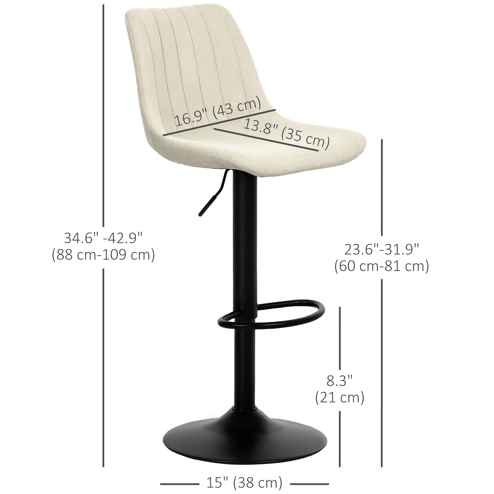 HOMCOM Adjustable Bar Stools Set of 2, Swivel Counter Height Barstools with Back, Footrest, Upholstered Chenille Bar Chairs for Kitchen Island Counter Dining Room, Beige
