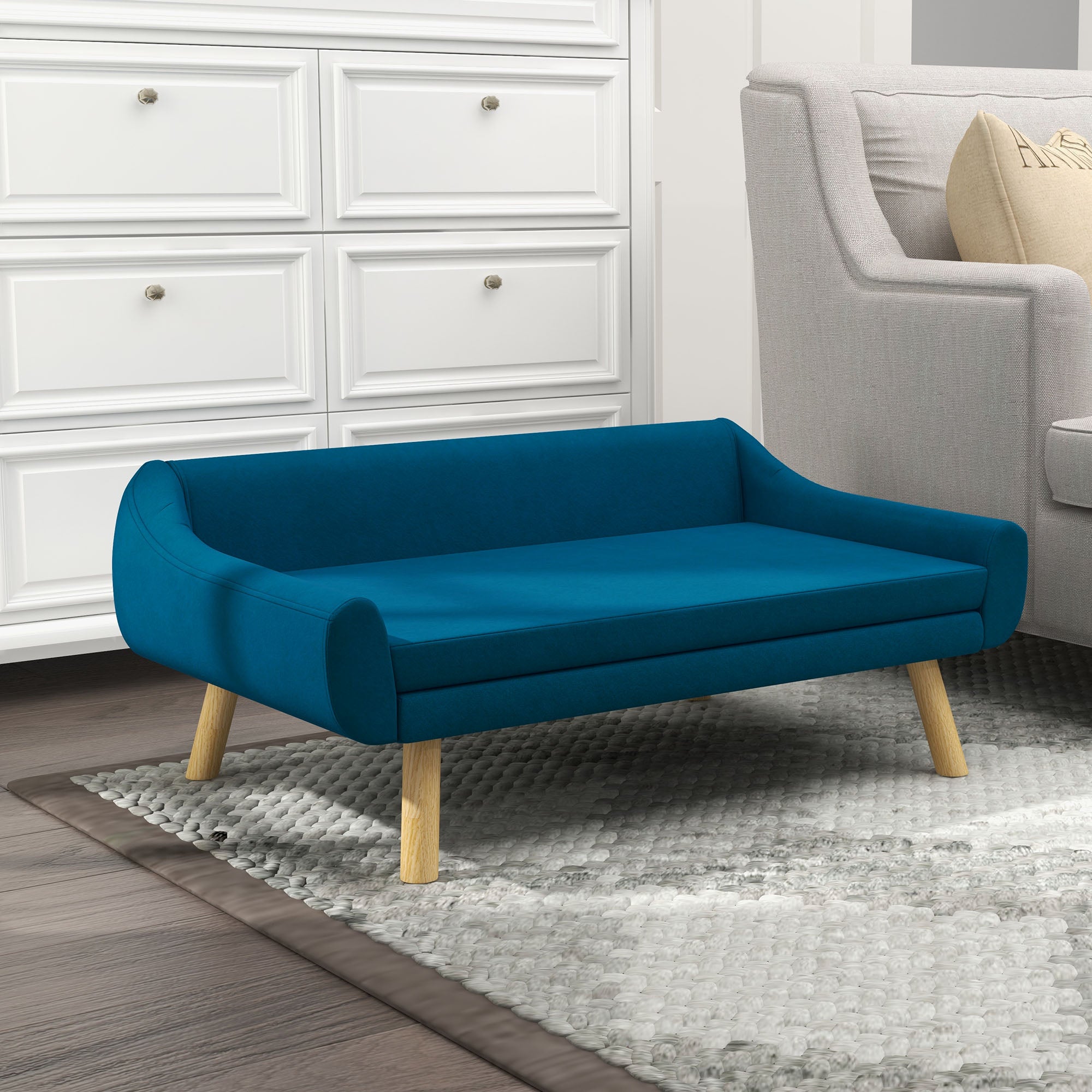 PawHut Dog Sofa Bed with Soft Cushion, Pet Couch with Wooden Frame, Removable and Washable Cover, for Medium and Large Dogs, Blue