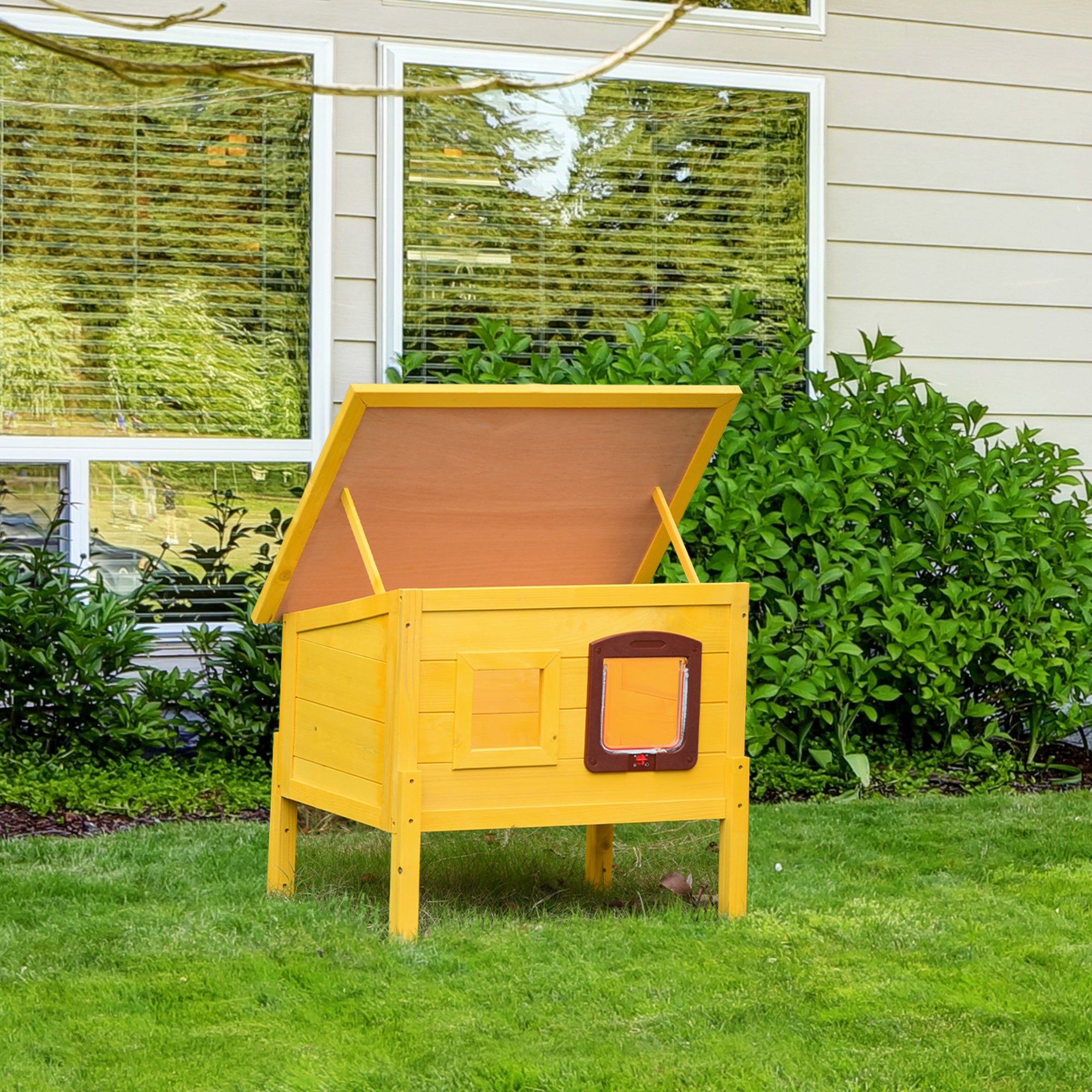 Pawhut Garden Wooden Cat House Hide Cage Outdoor Pet Play Home Water-resistant Roof Kitty Shelter Kennel w/ith Door & Window