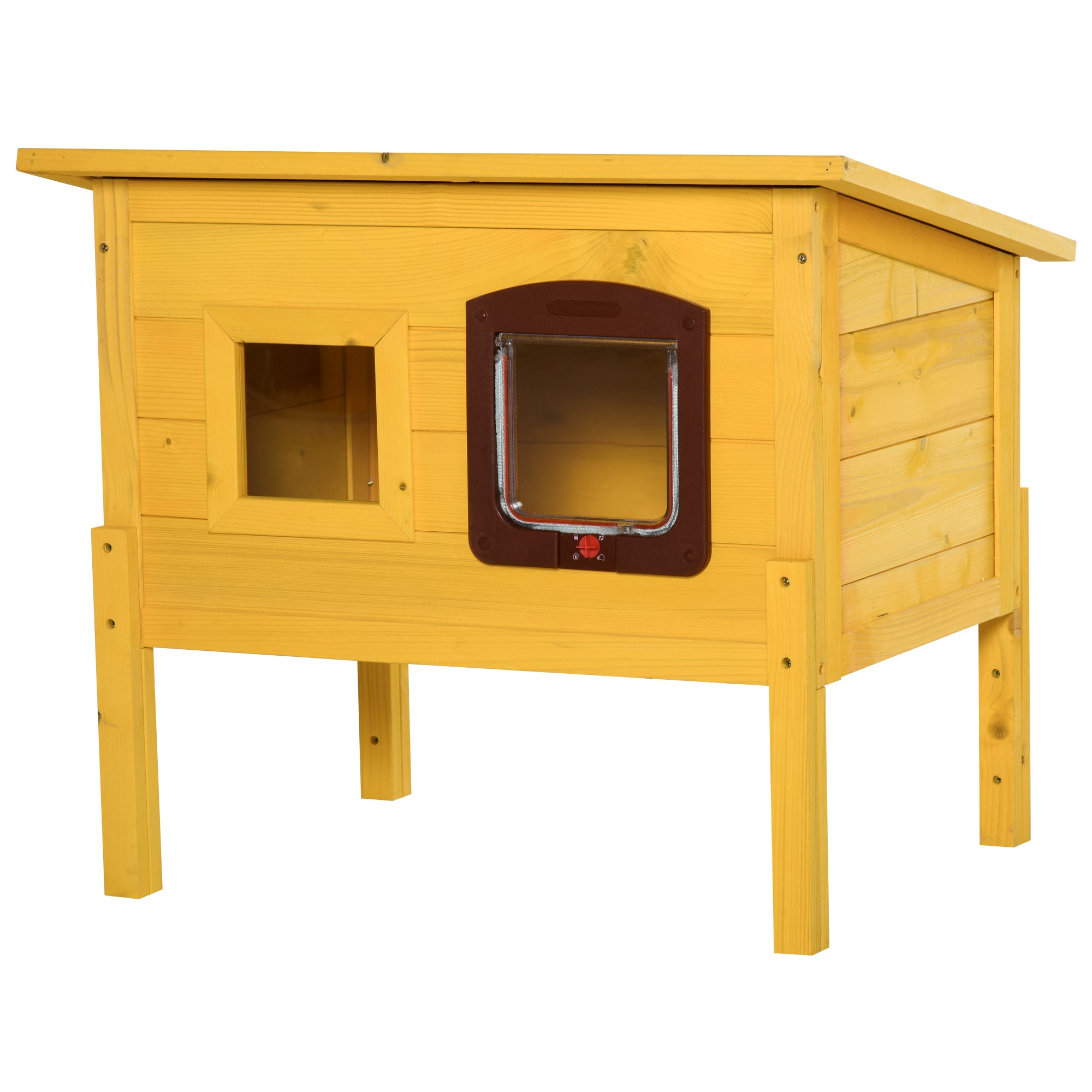 Pawhut Garden Wooden Cat House Hide Cage Outdoor Pet Play Home Water-resistant Roof Kitty Shelter Kennel w/ith Door & Window