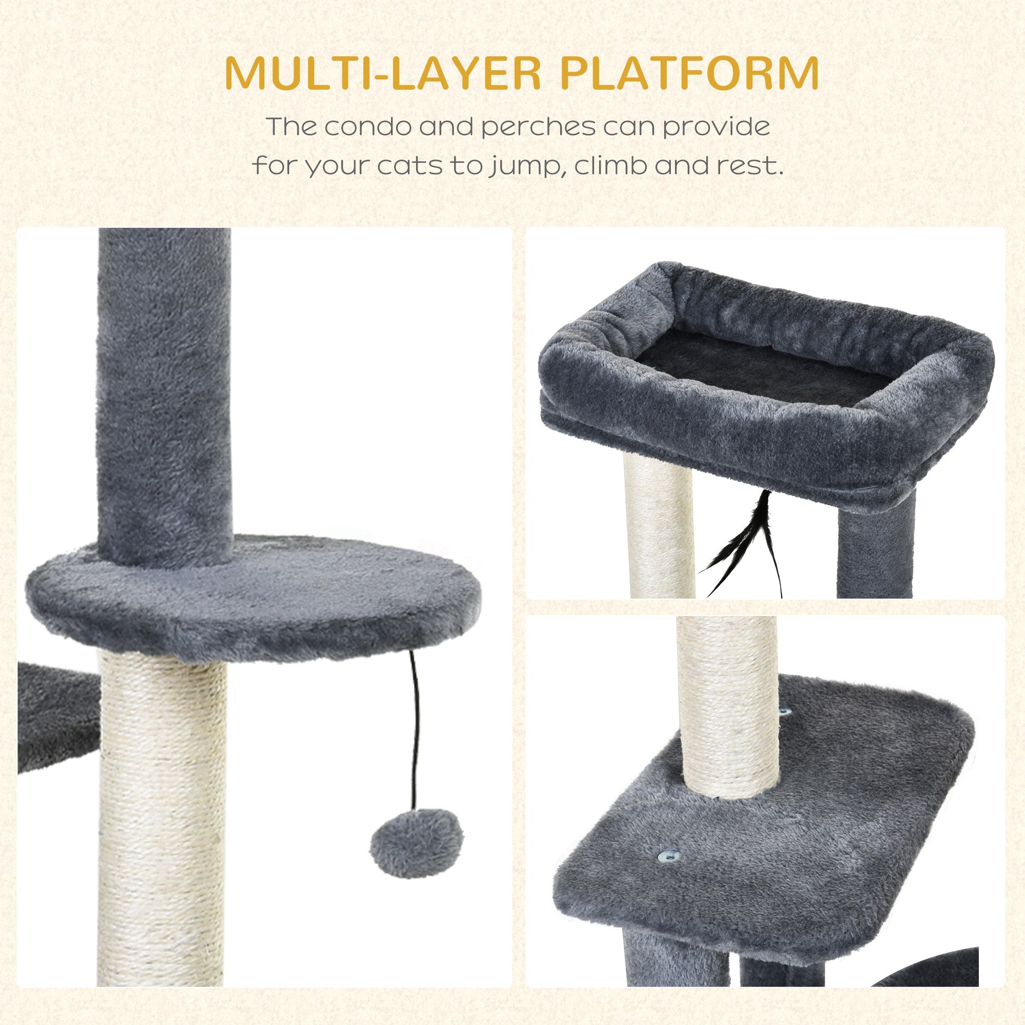 PawHut Cat Tree Cat Funiture Tower Multi-Level 1 Condo 1 Perch Sisal-Covered Scratching Post, Climbing Activity Stable Toys, Included Simply Style Height 39", Grey