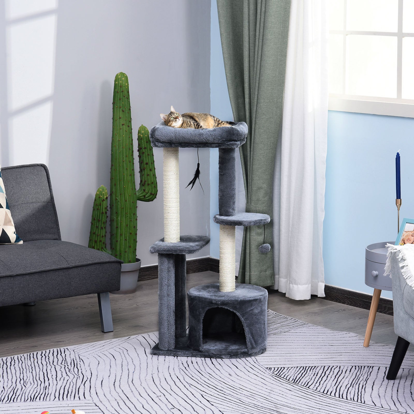 PawHut Cat Tree Cat Funiture Tower Multi-Level 1 Condo 1 Perch Sisal-Covered Scratching Post, Climbing Activity Stable Toys, Included Simply Style Height 39", Grey