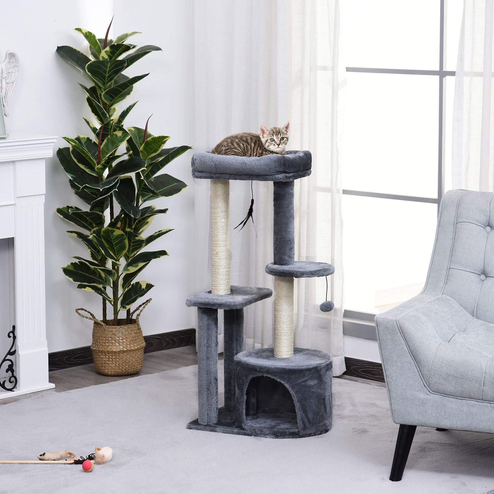 PawHut 100cm Cat Tree for Indoor Cats, Cat Tower Condo for Kittens with Cat House Sisal Scratching Posts, Hanging Ball Toys, Perches - Grey
