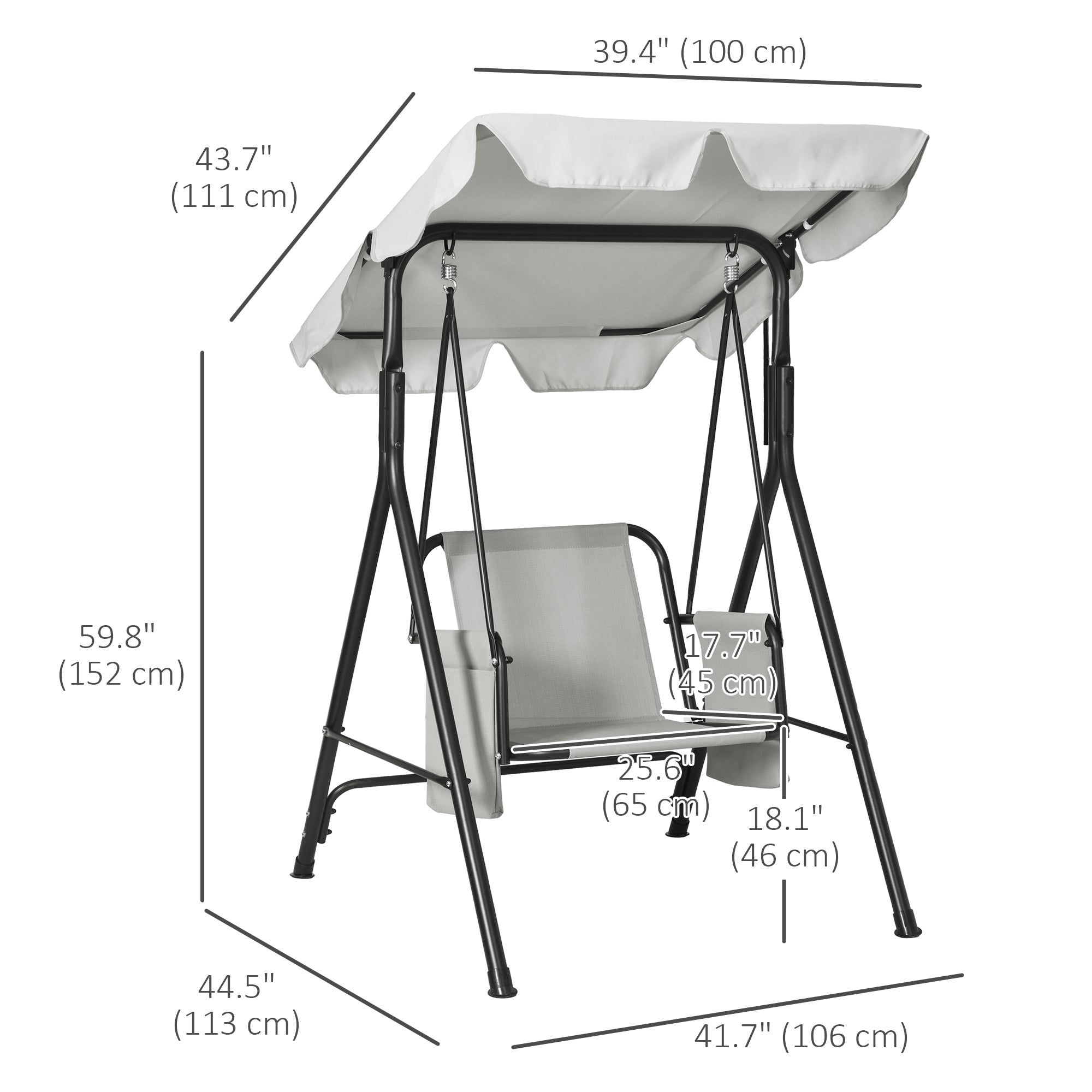 Outsunny 1-Seat Patio Swing Chair, Outdoor Porch Swing Glider with Adjustable Canopy, Cushions and Weather Resistant Steel Frame for Garden, Poolside, Grey