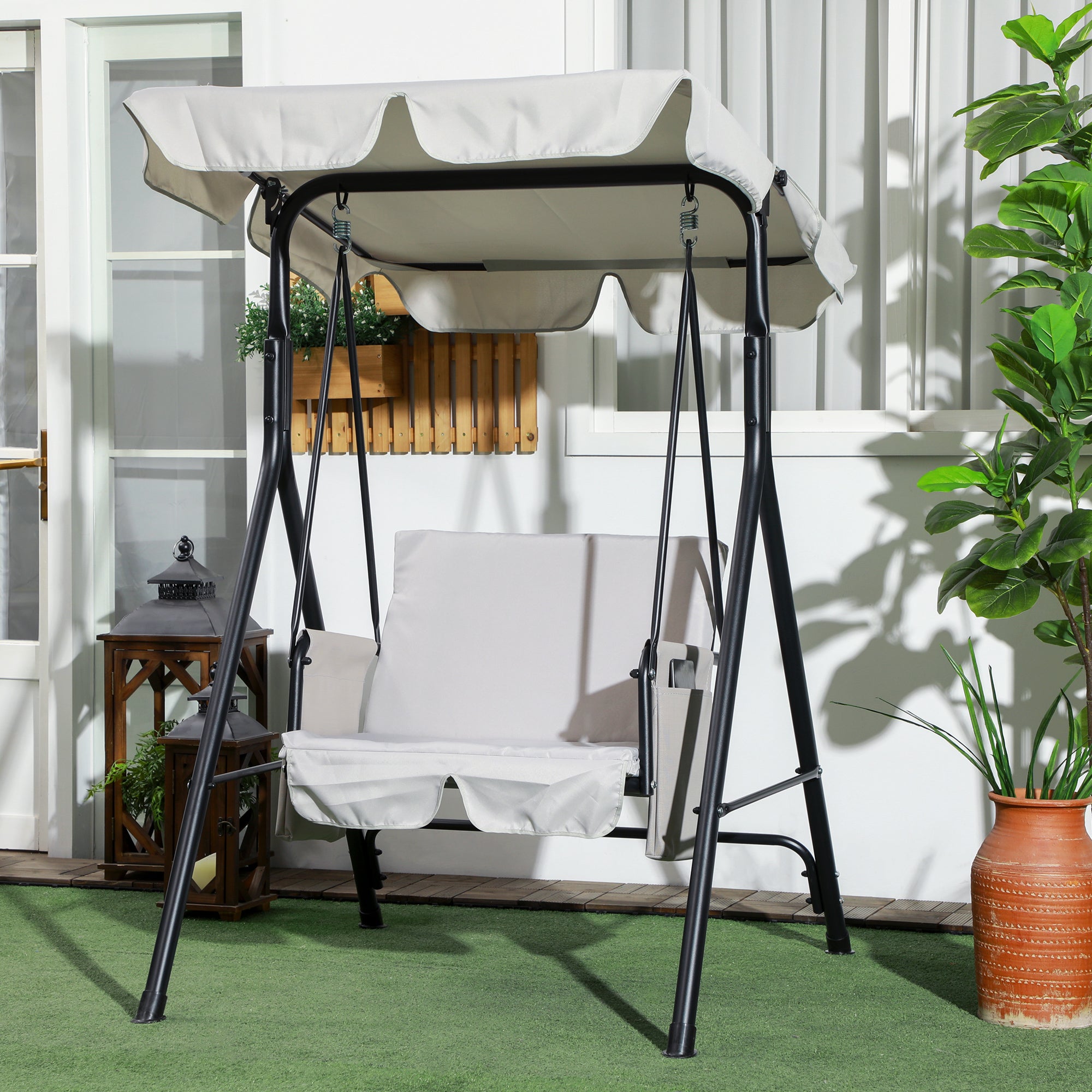 Outsunny 1-Seat Patio Swing Chair, Outdoor Porch Swing Glider with Adjustable Canopy, Cushions and Weather Resistant Steel Frame for Garden, Poolside, Grey