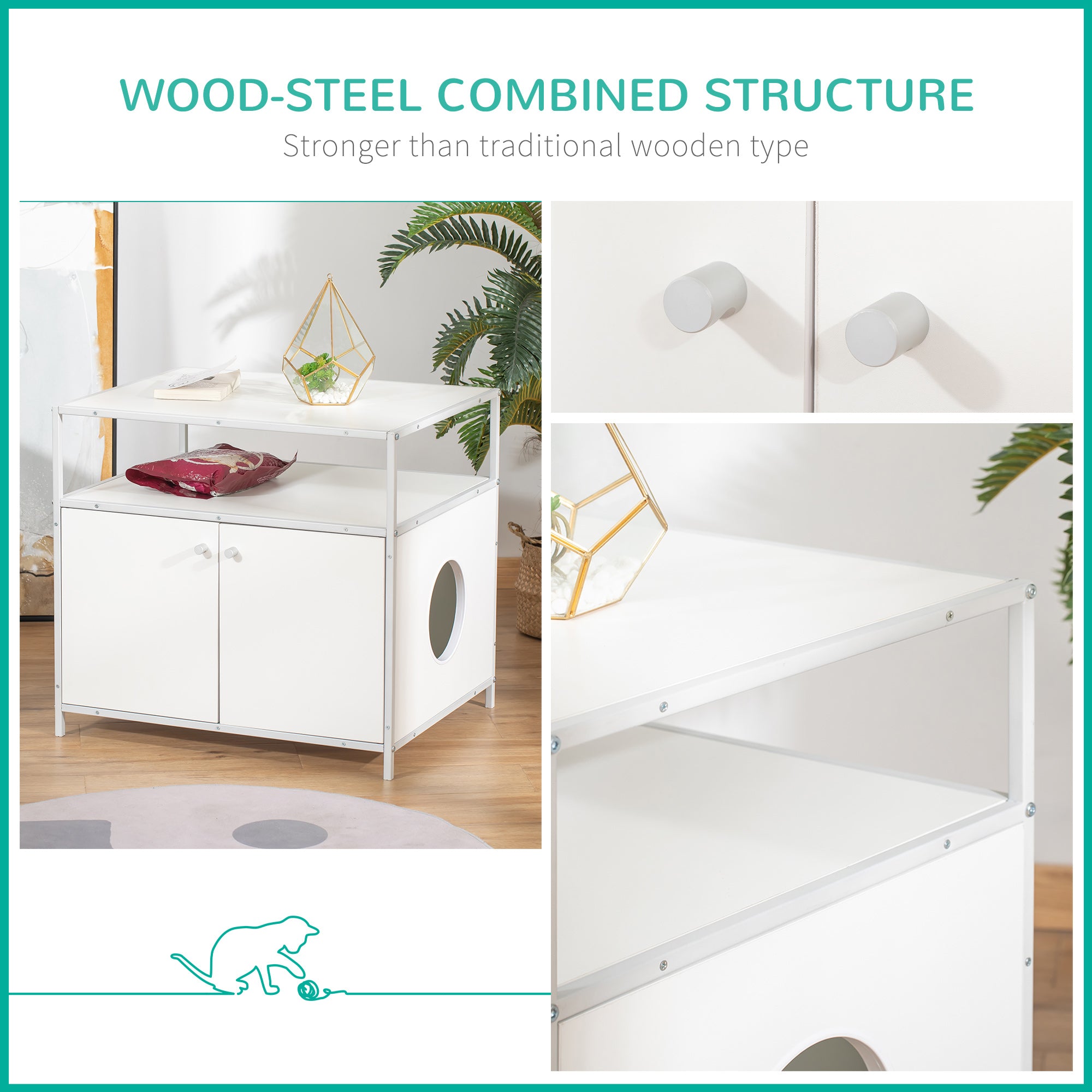 PawHut Cat Litter Box Enclosure Hidden Cat Furniture Cabinet Indoor Cat Washroom Double-door Nightstand End Table with Cat Hole Storage Shelf White