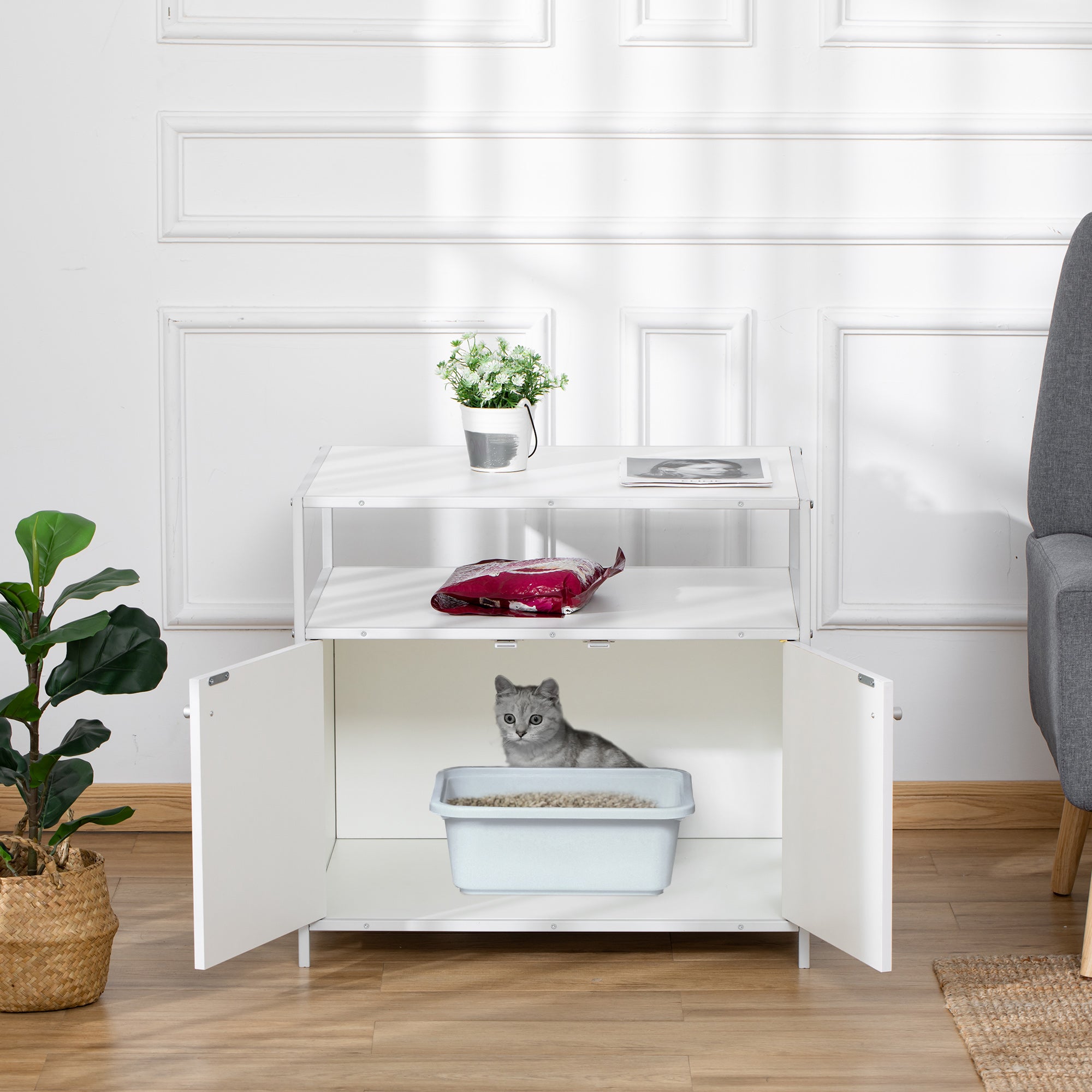 PawHut Cat Litter Box Enclosure Hidden Cat Furniture Cabinet Indoor Cat Washroom Double-door Nightstand End Table with Cat Hole Storage Shelf White