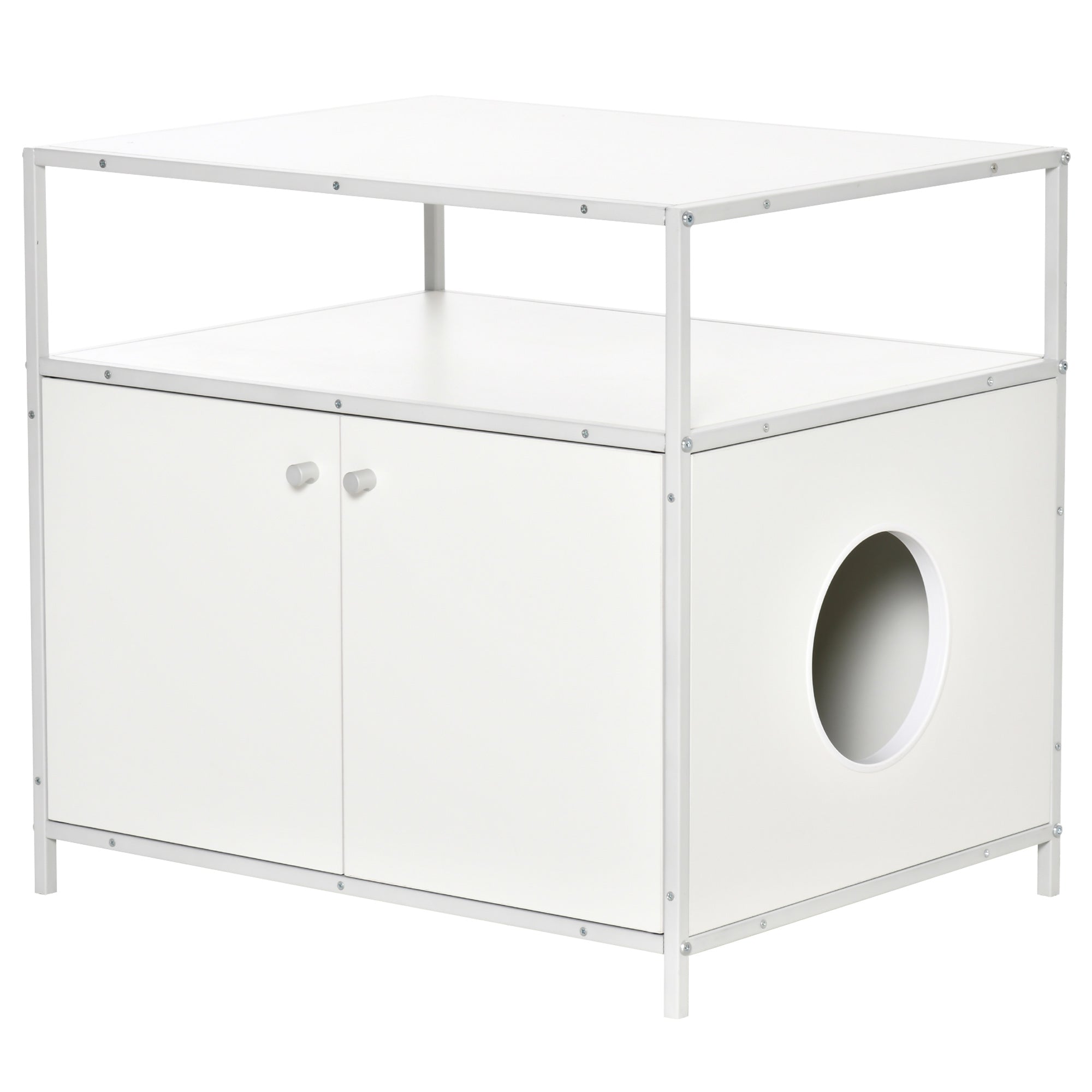 PawHut Cat Litter Box Enclosure Hidden Cat Furniture Cabinet Indoor Cat Washroom Double-door Nightstand End Table with Cat Hole Storage Shelf White