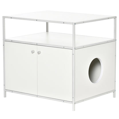 PawHut Cat Litter Box Enclosure Hidden Cat Furniture Cabinet Indoor Cat Washroom Double-door Nightstand End Table with Cat Hole Storage Shelf White