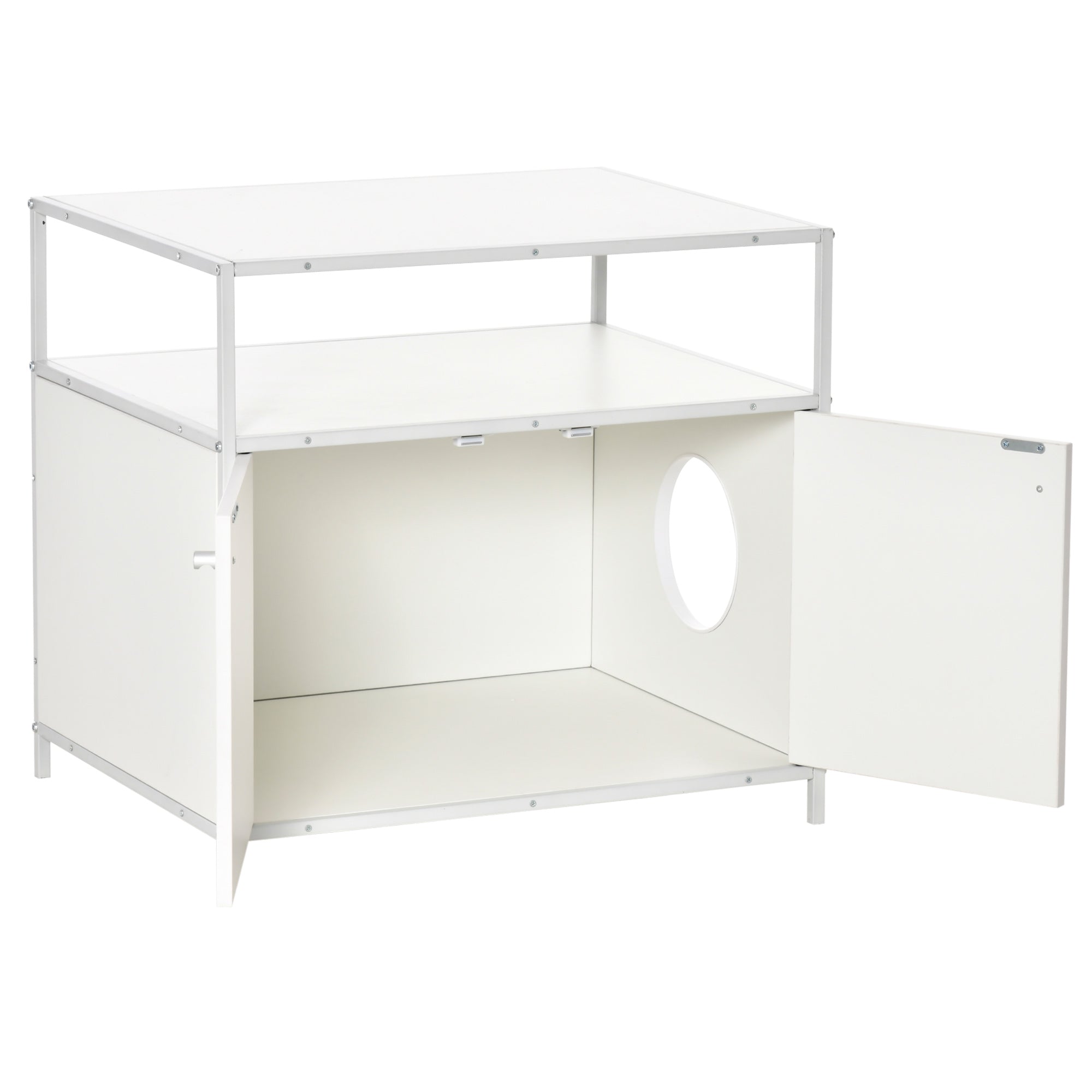 PawHut Cat Litter Box Enclosure Hidden Cat Furniture Cabinet Indoor Cat Washroom Double-door Nightstand End Table with Cat Hole Storage Shelf White