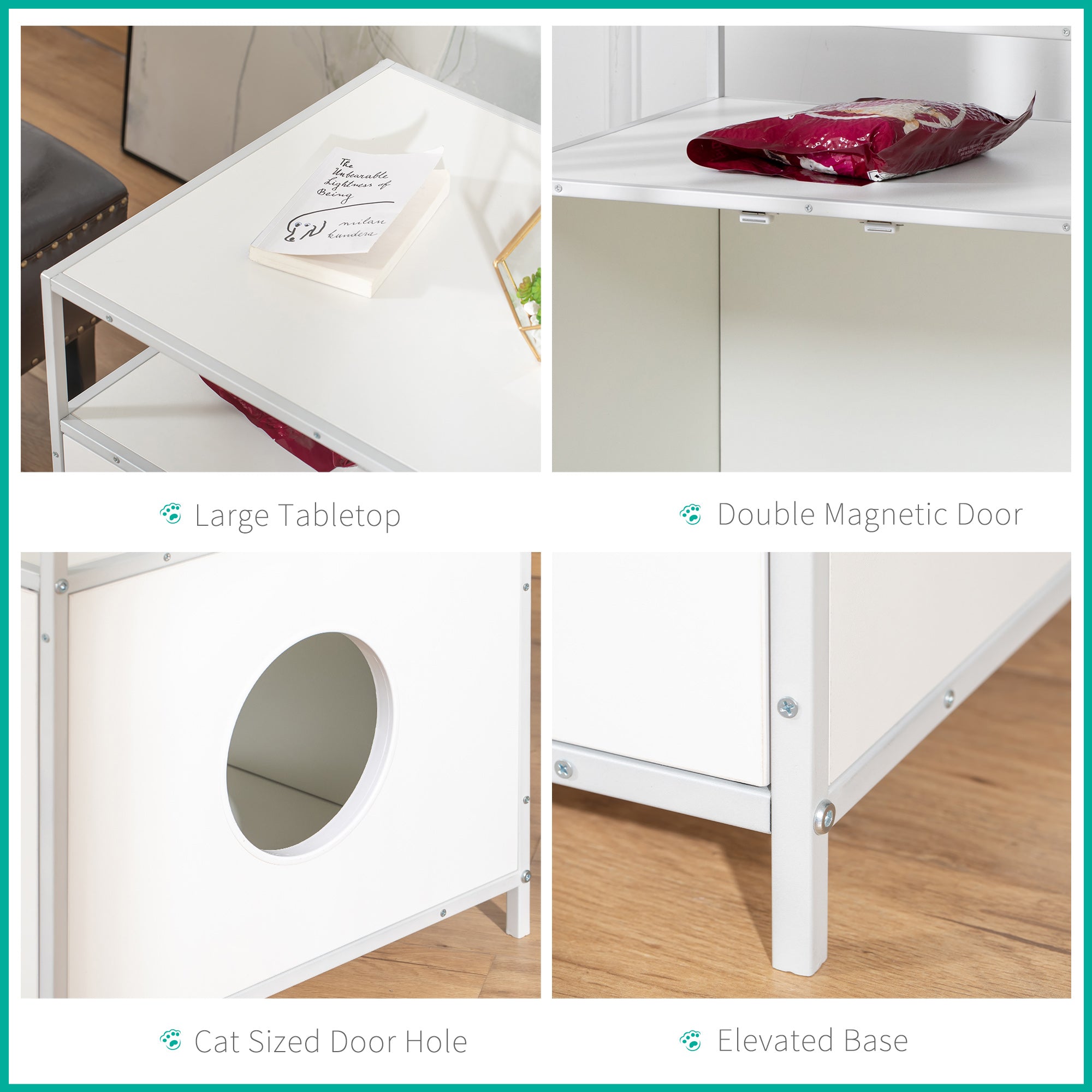 PawHut Cat Litter Box Enclosure Hidden Cat Furniture Cabinet Indoor Cat Washroom Double-door Nightstand End Table with Cat Hole Storage Shelf White