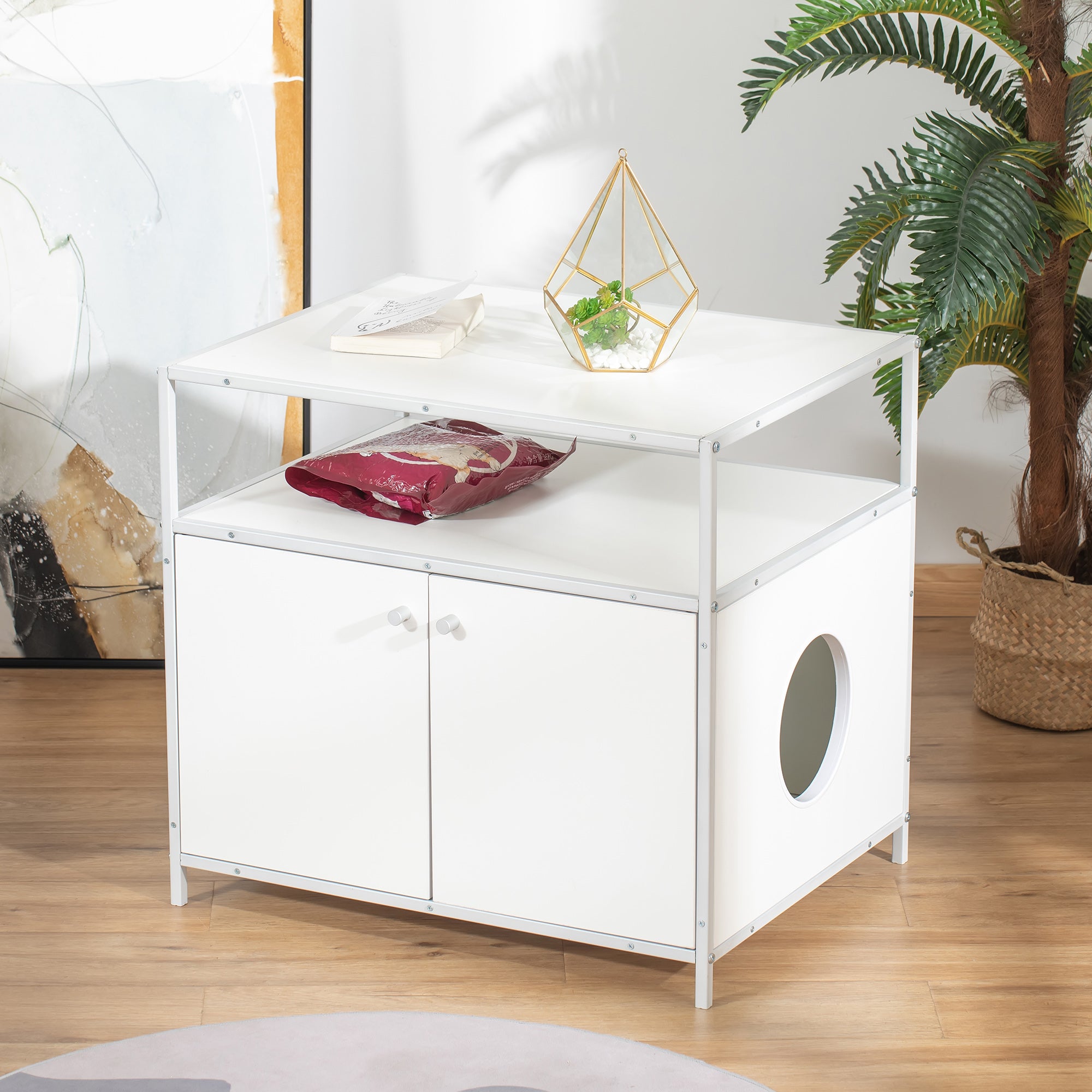 PawHut Cat Litter Box Enclosure Hidden Cat Furniture Cabinet Indoor Cat Washroom Double-door Nightstand End Table with Cat Hole Storage Shelf White