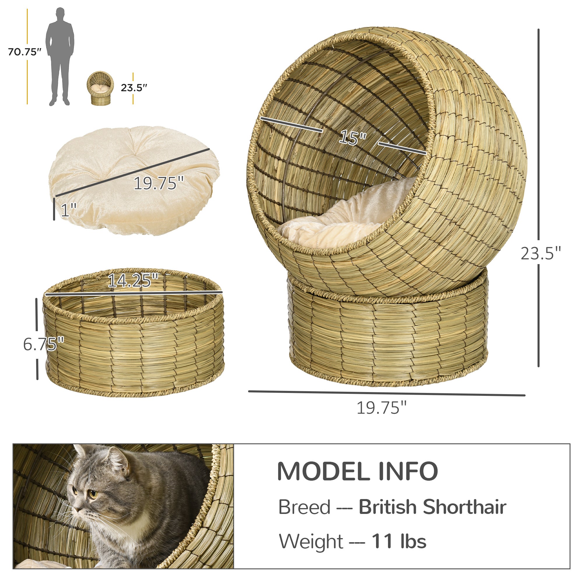 PawHut Handwoven Elevated Cat Bed with Soft Cushion & Cat Egg Chair Shape, Cat Basket Bed Kitty House with Stand, Raised Wicker Cat Bed for Indoor Cats, 23.5" H, Yellow