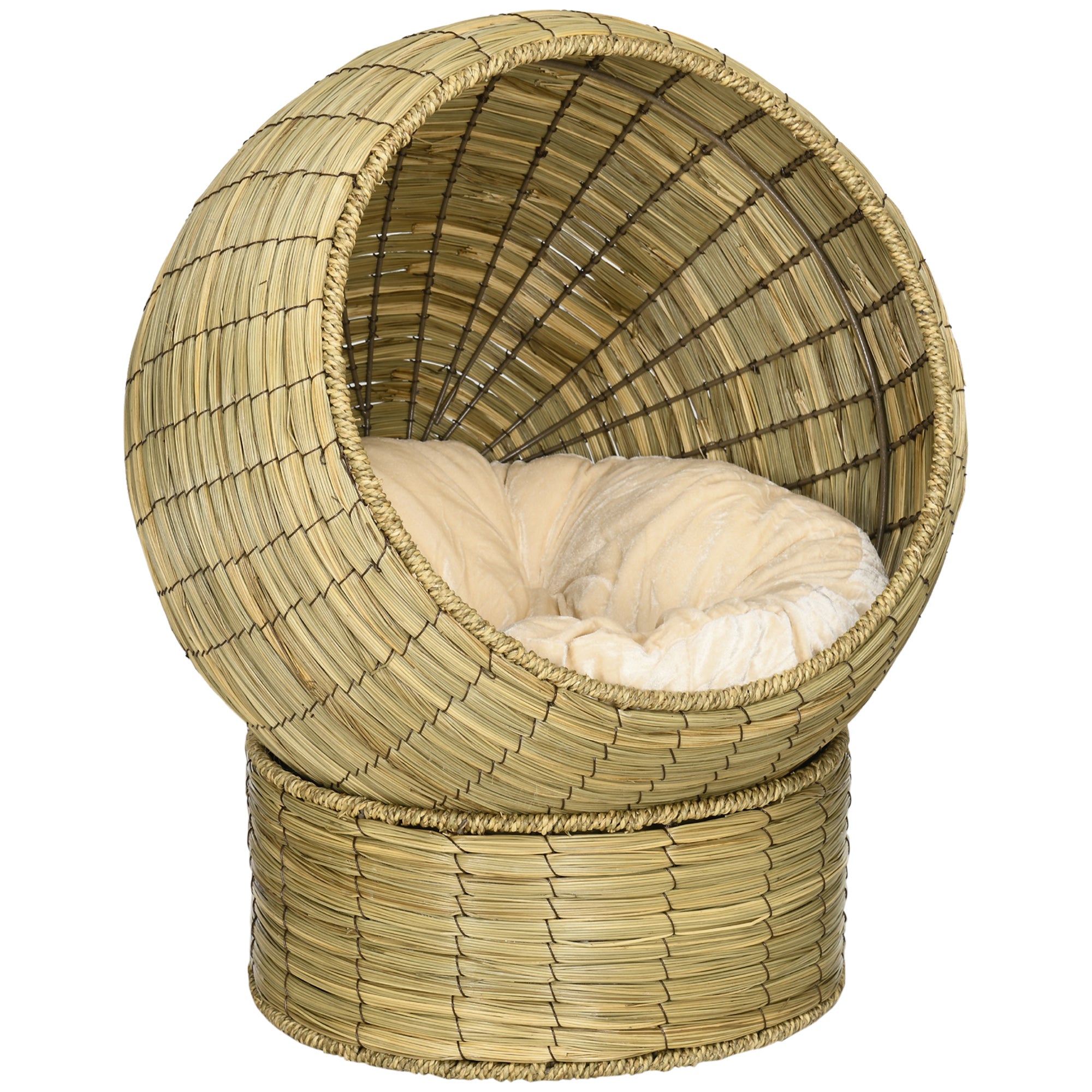 PawHut Handwoven Elevated Cat Bed with Soft Cushion & Cat Egg Chair Shape, Cat Basket Bed Kitty House with Stand, Raised Wicker Cat Bed for Indoor Cats, 23.5" H, Yellow