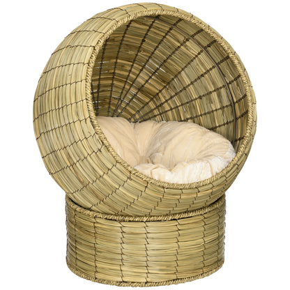 PawHut Handwoven Elevated Cat Bed with Soft Cushion & Cat Egg Chair Shape, Cat Basket Bed Kitty House with Stand, Raised Wicker Cat Bed for Indoor Cats, 23.5" H, Yellow