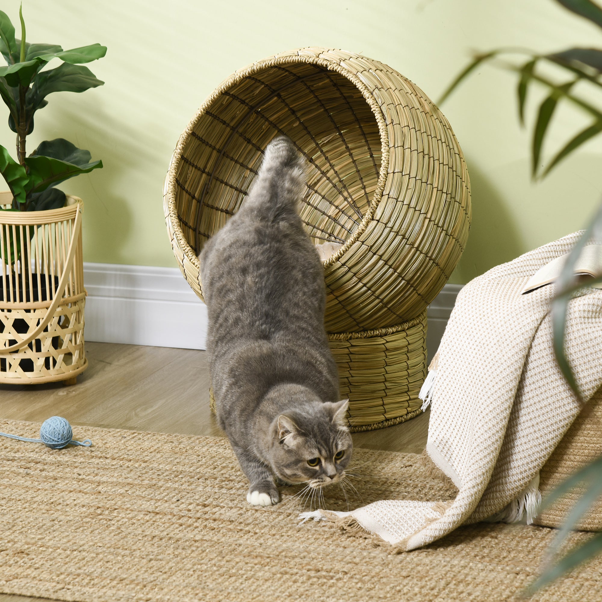 PawHut Handwoven Elevated Cat Bed with Soft Cushion & Cat Egg Chair Shape, Cat Basket Bed Kitty House with Stand, Raised Wicker Cat Bed for Indoor Cats, 23.5" H, Yellow