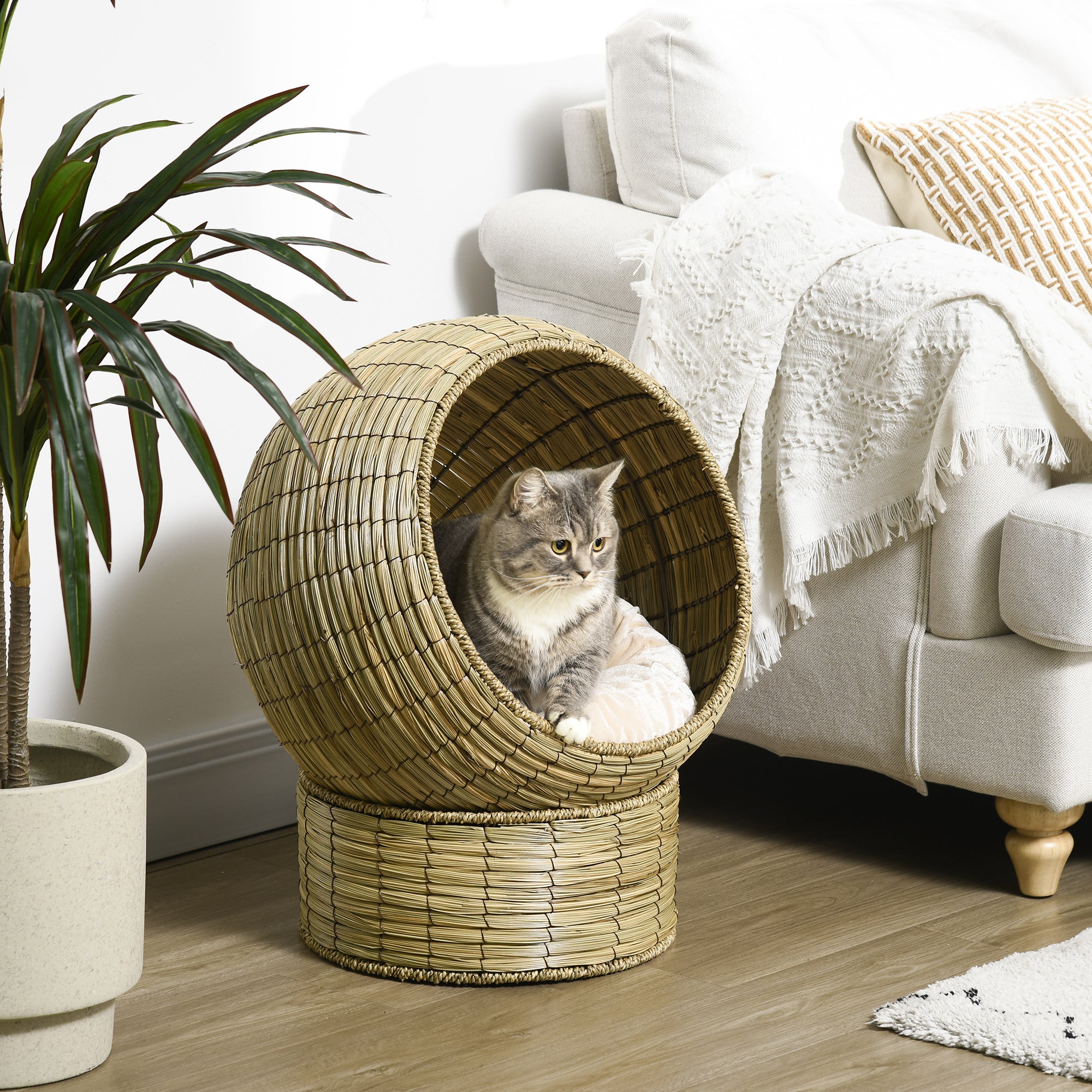 PawHut Handwoven Elevated Cat Bed with Soft Cushion & Cat Egg Chair Shape, Cat Basket Bed Kitty House with Stand, Raised Wicker Cat Bed for Indoor Cats, 23.5" H, Yellow